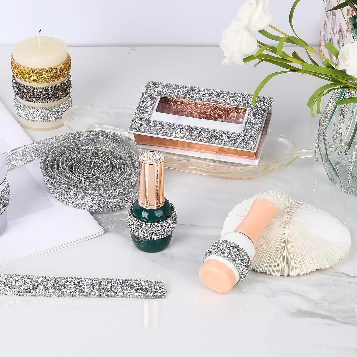 Rhinestone Ribbon 6 Yards Self Adhesive Rhinestone Strips Diamond Ribbon Sticker Crystal Roll Glitter Bling Rhinestones Tape for Crafting DIY Art Decoration (Silver,0.4 Inch)