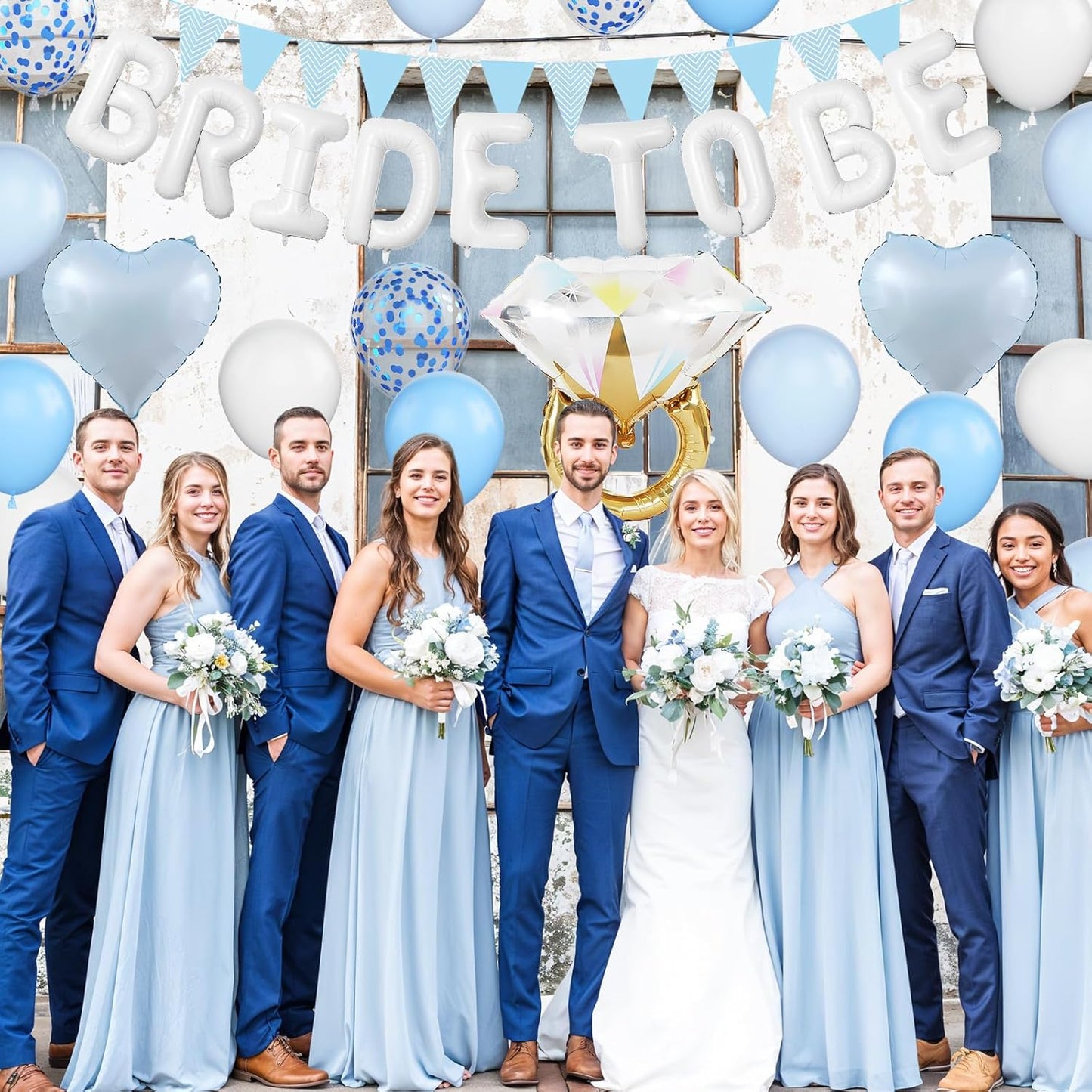 Blue White Bachelorette Party Decorations, White Bride To Be Bridal Shower Balloons Decorations, Blue Confetti Balloons with Diamond Ring Baby Blue Heart Balloon for Bachelorette Engagement Wedding