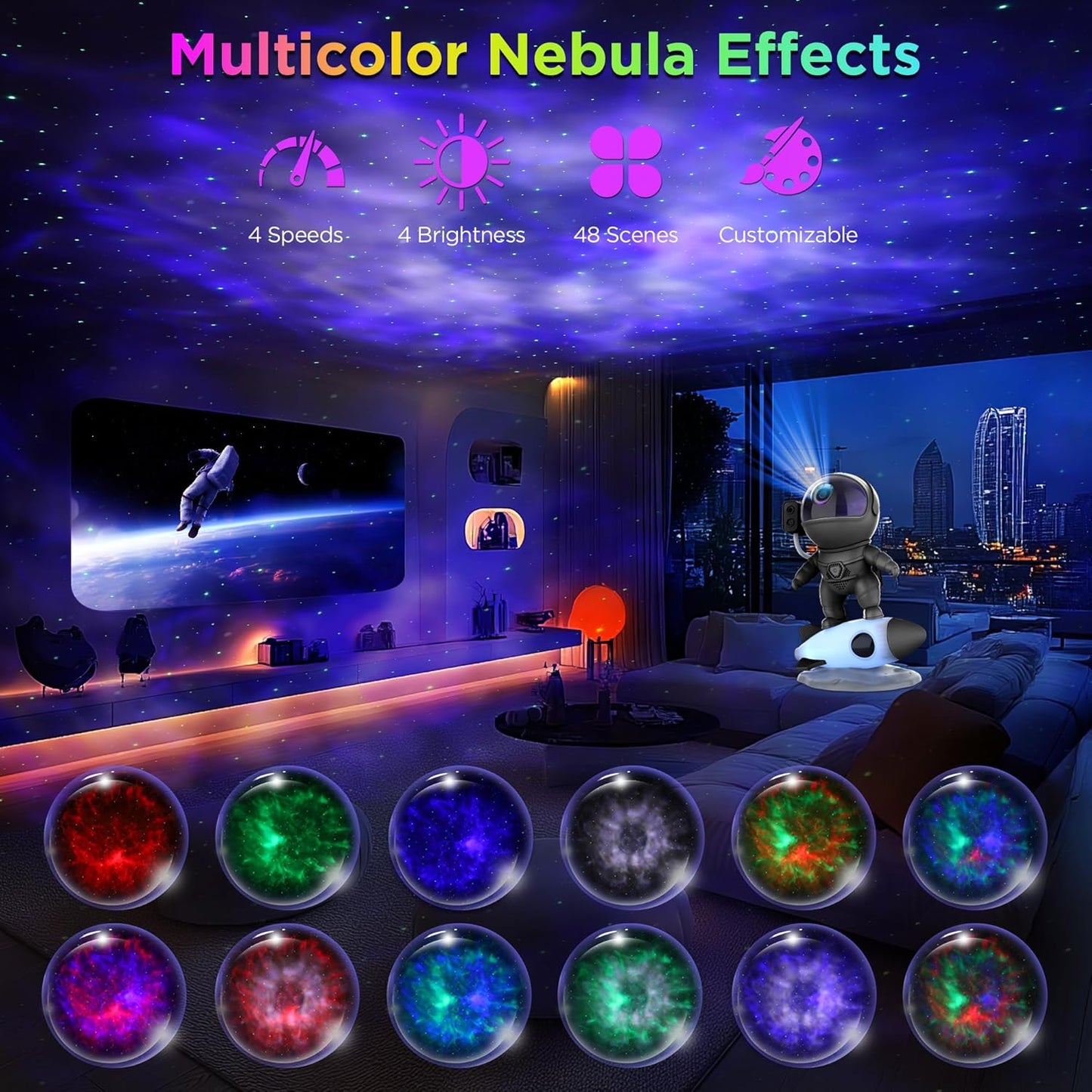 Astronaut Galaxy Projector for Bedroom, Star Projector Galaxy Light with App & Remote Control, White Noises, Bluetooth Speaker, Rocket Night Light for Kids, Ceiling, Gifts, Room Decor