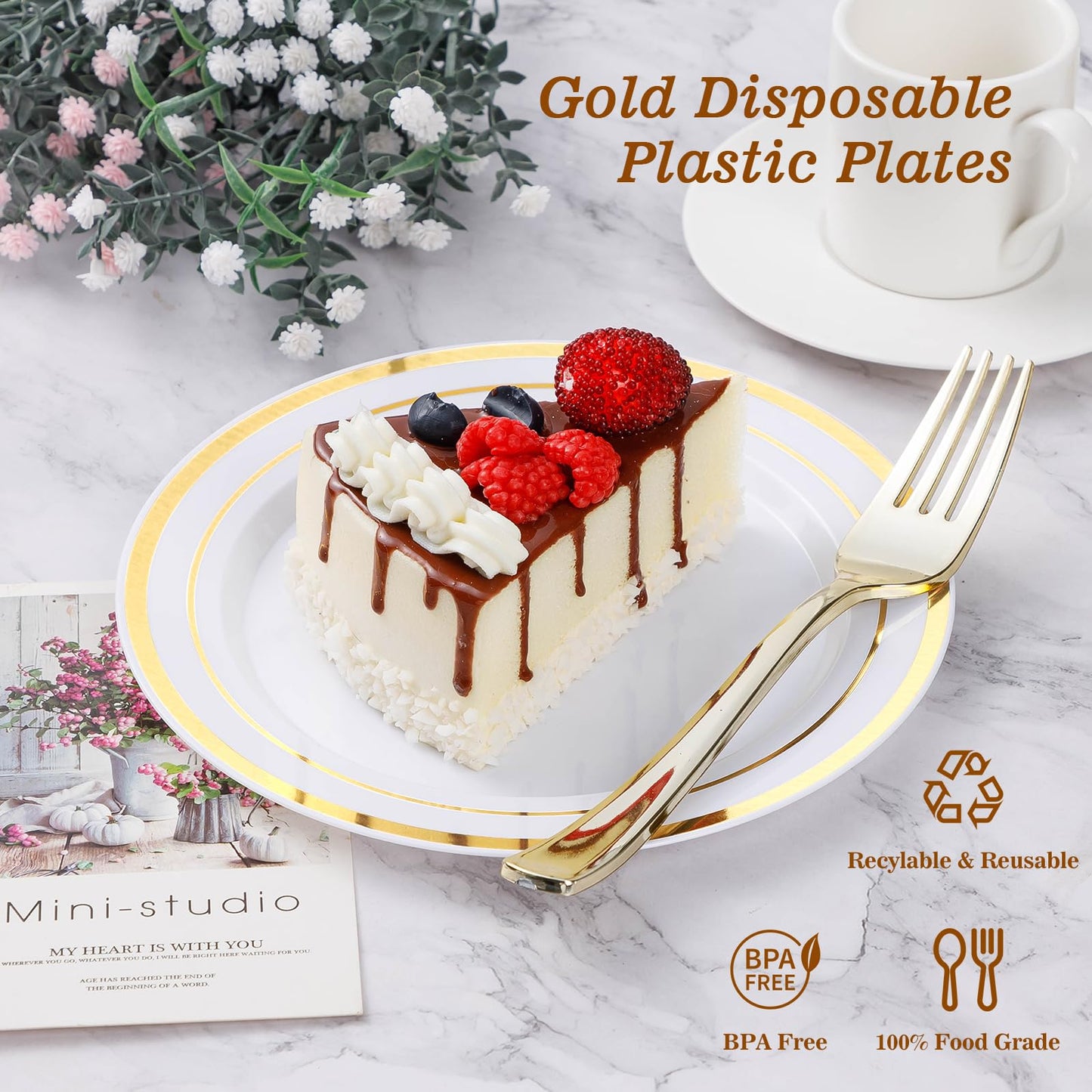 BESTVIP 200PCS Gold Plastic Plate, Disposable Party Plates