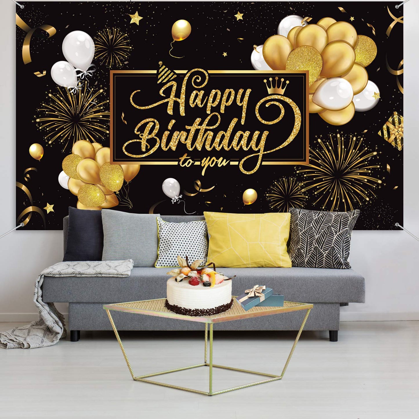 Blulu Black and Gold Happy Birthday Banner Sign Photo Backdrop, Classic