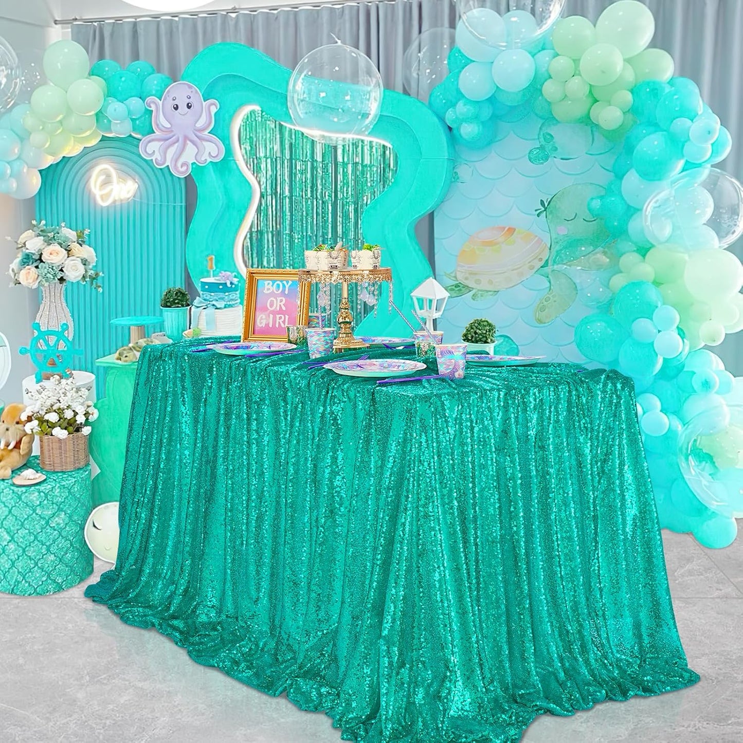 QueenDream Lake Green Party Decorations Sequin Tablecloth: Glitter Overlay 90x90 Inch Table Drapes for Banquet Wedding Theme Mermaid Party Planners