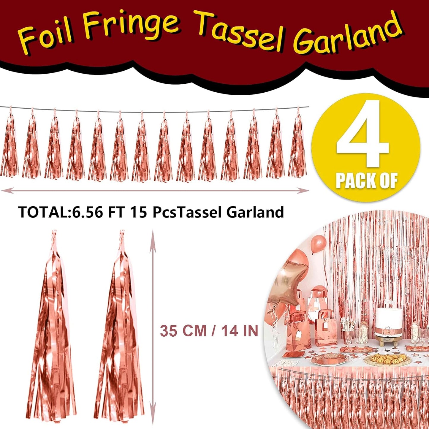 4P Rose Gold Foil Fringe Tassel Banner Garland Metallic Tinsel Streamers Wall Hanging Curtain Backdrop Banner for Parade Floats, 2024 Graduation Decorations, Wedding Party Decoration