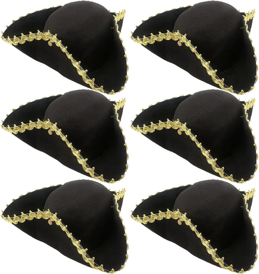 6 Pack Pirate Tricorn Hats Black Buccaneer Hat with Gold Trimming Pirate Captain Hat for Halloween Dress-up Party Supplies