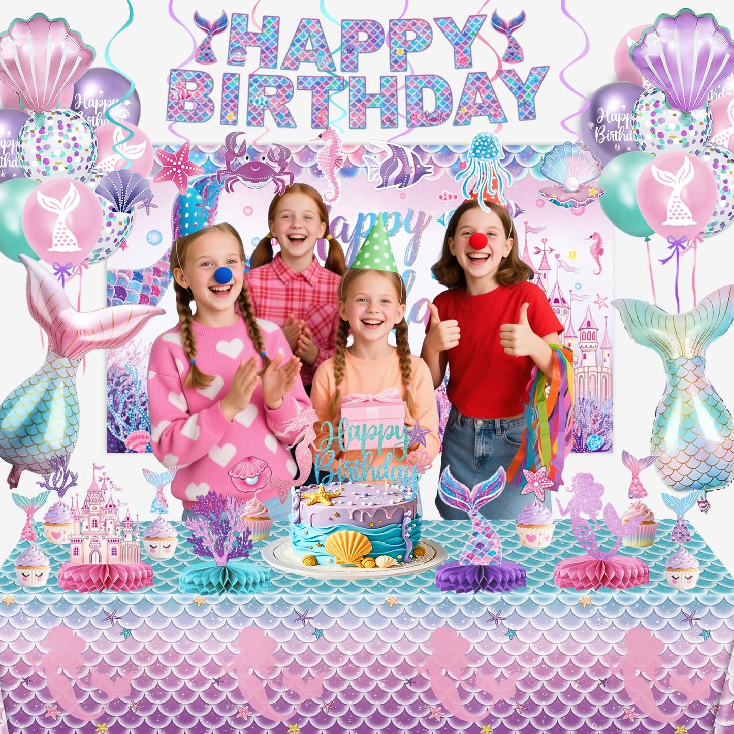NKPDAXM Mermaid Birthday Decorations – Includes Banner, Backdrop, Foil & Latex Balloons, Hanging