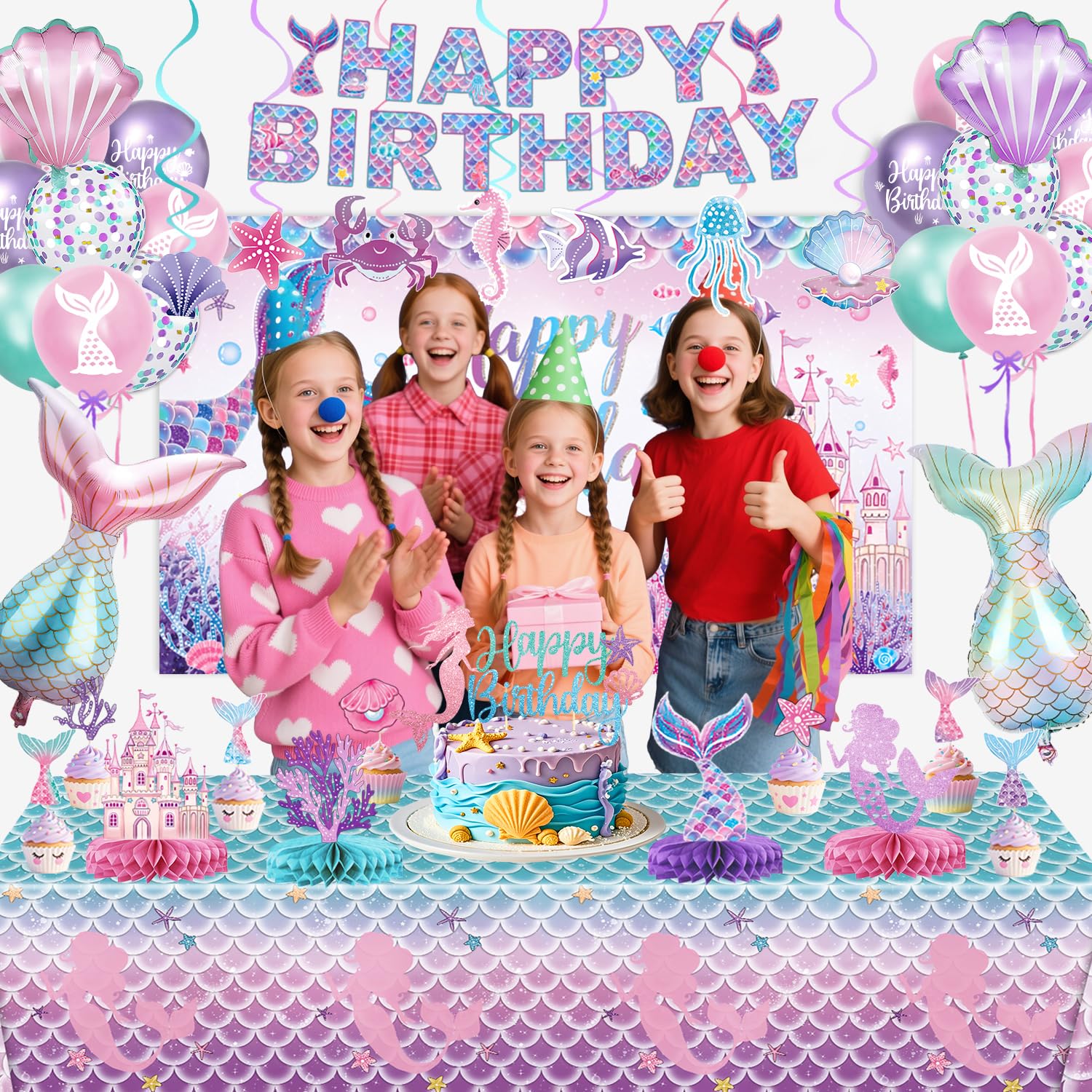 NKPDAXM Mermaid Birthday Decorations – Includes Banner, Backdrop, Foil & Latex Balloons, Hanging
