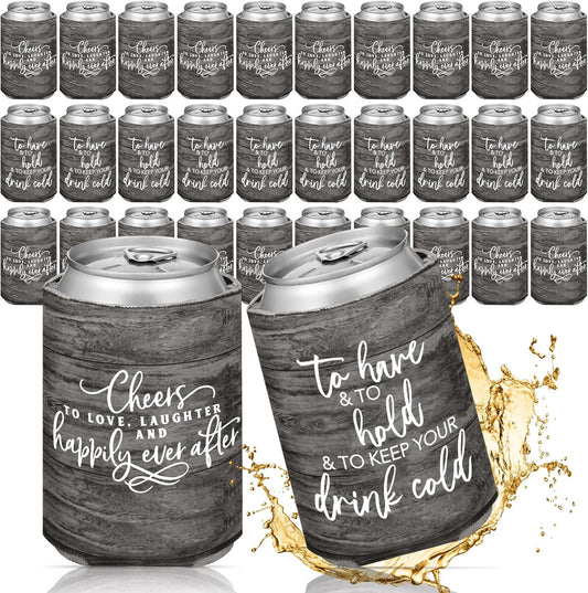 50 Pieces Wood Grain Wedding Can Cooler Sleeves Bulk Engagement Party Favors for Guests Cheers to Love Laughter and Happily Ever After Rehearsal Dinner Decorations for Wedding Bridal