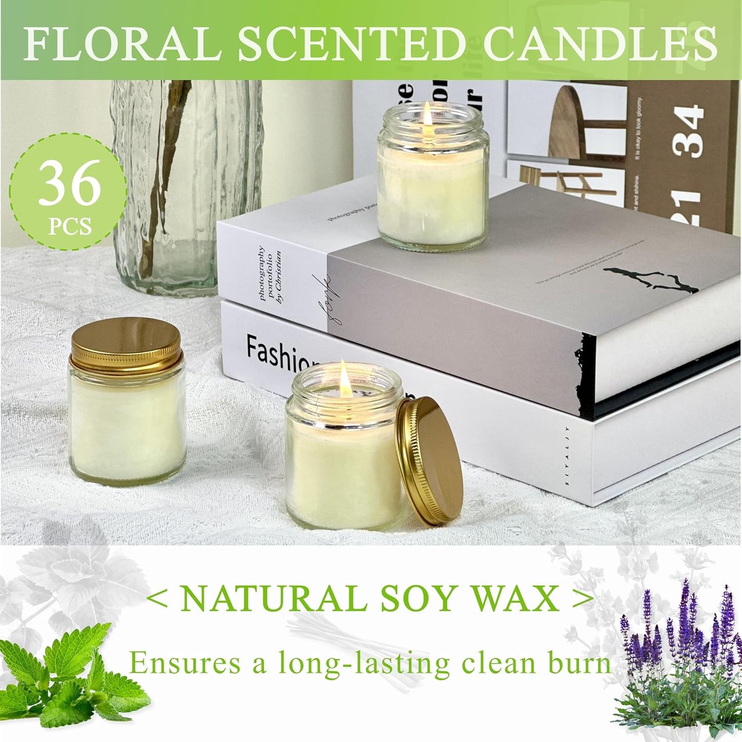 ACITHGL 36 Pcs 4oz Mini Mason Jar Candles Small Scented Candles Bulk Aromatherapy Ideal Souvenir Favors for Wedding Birthday Party (Sage, Mint, Citronella, Gold)