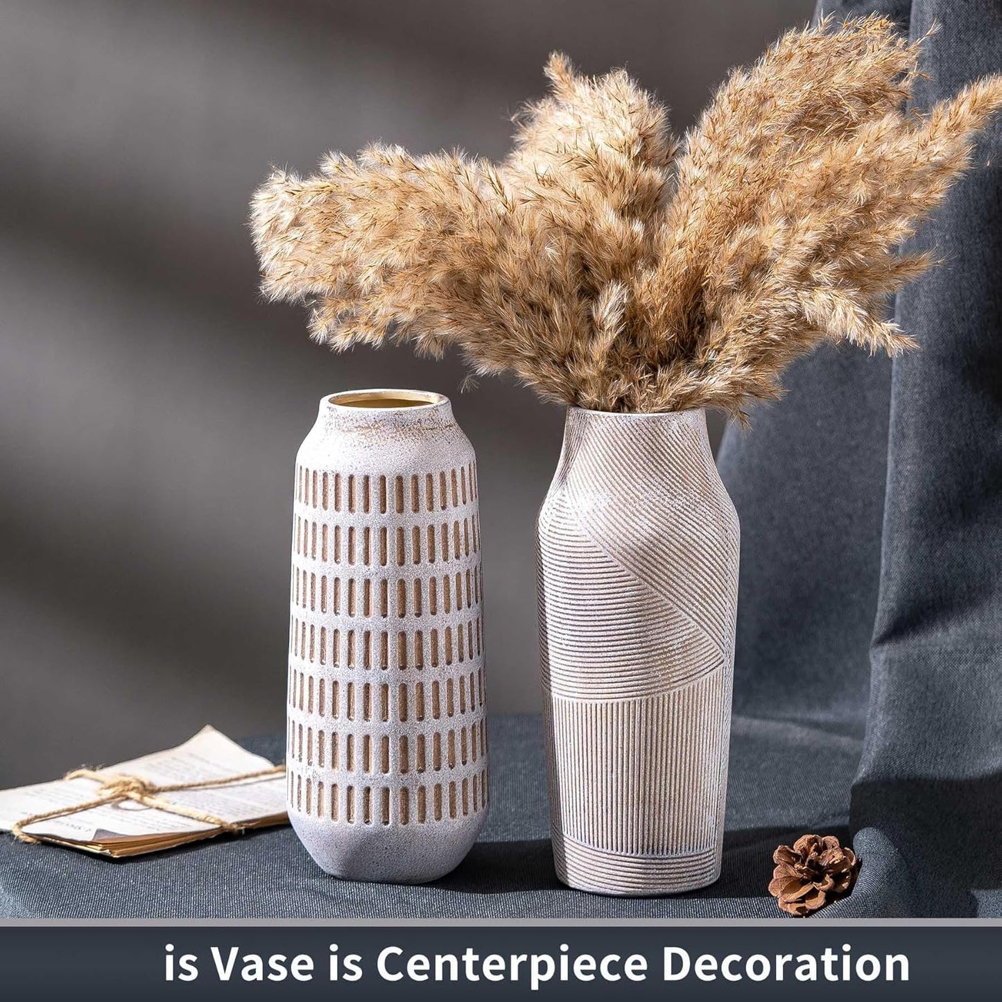 Rustic Ceramic Flower Vase, Terracotta Farmhouse Decorative Vintage Vases, Stone Clay Floral Vase, Concrete Grey Home Decor Vases for Living Room, Entryway, Kitchen, Bedroom, Bathroom Shelf 9.6 Inch