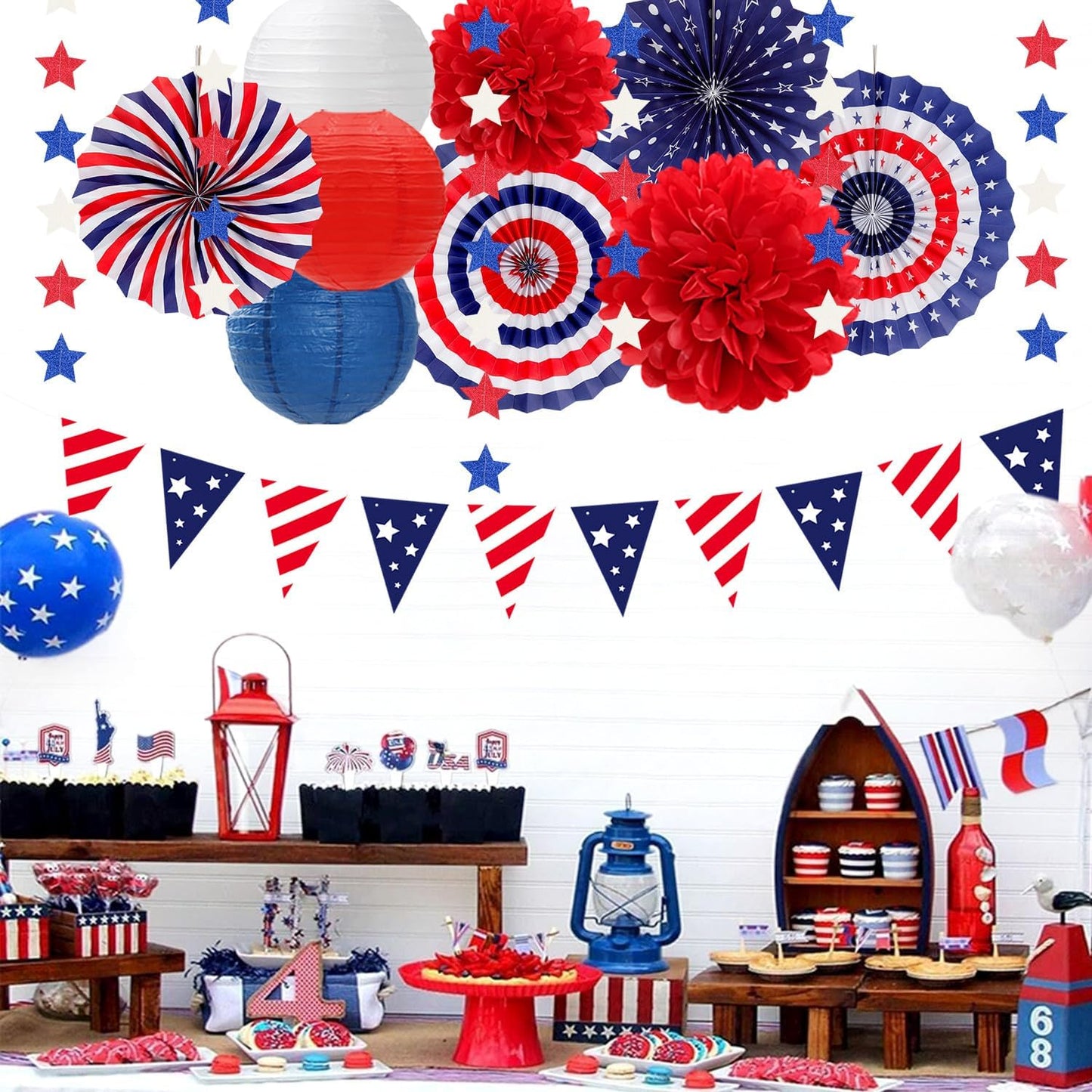 Red-White Blue Memorial-Day Patriotic Decorations - 21pcs 4th Fourth of July Paper Lanterns Fans,Tissue Pom Poms Streamers,Honeycomb Balls,USA Americana Independence Banner Decor Burgleda