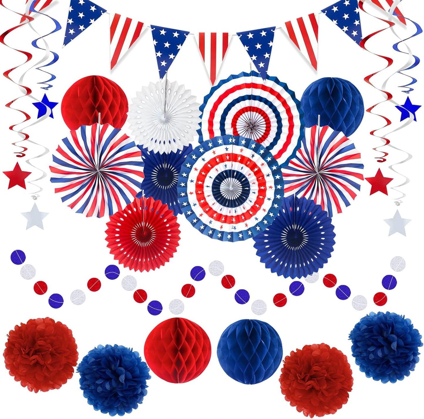 24PCS Patriotic Decorations 4th of July Decorations Set Red White Blue Hanging Paper Fans USA Flag Pennant Pom Poms Hanging Swirls Party Supplies for Memorial Day Independence Veterans