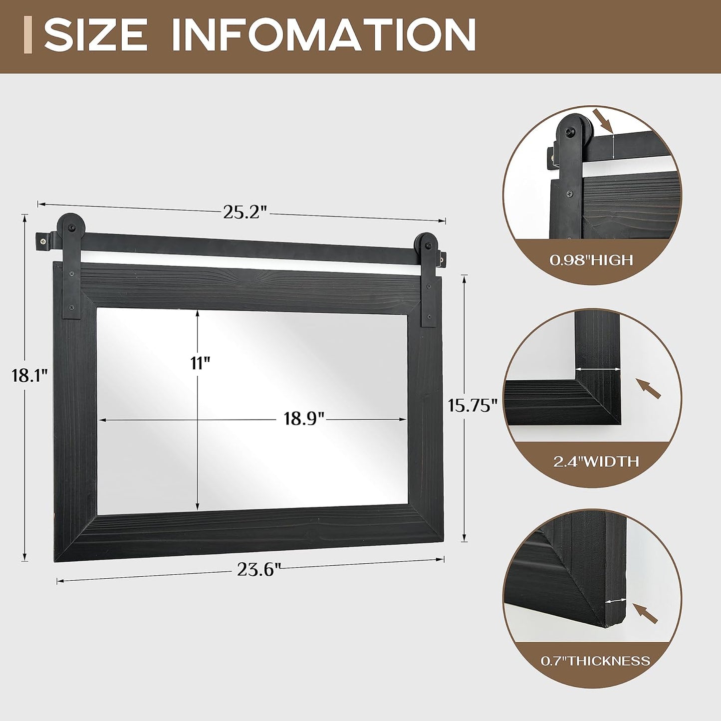 COGOOD Farmhouse Barn Door Mirror - 25" x 18" Rustic Wood Framed Decrative Mirror for Bathroom, Living Room, Entryway Wall Decor (Black)