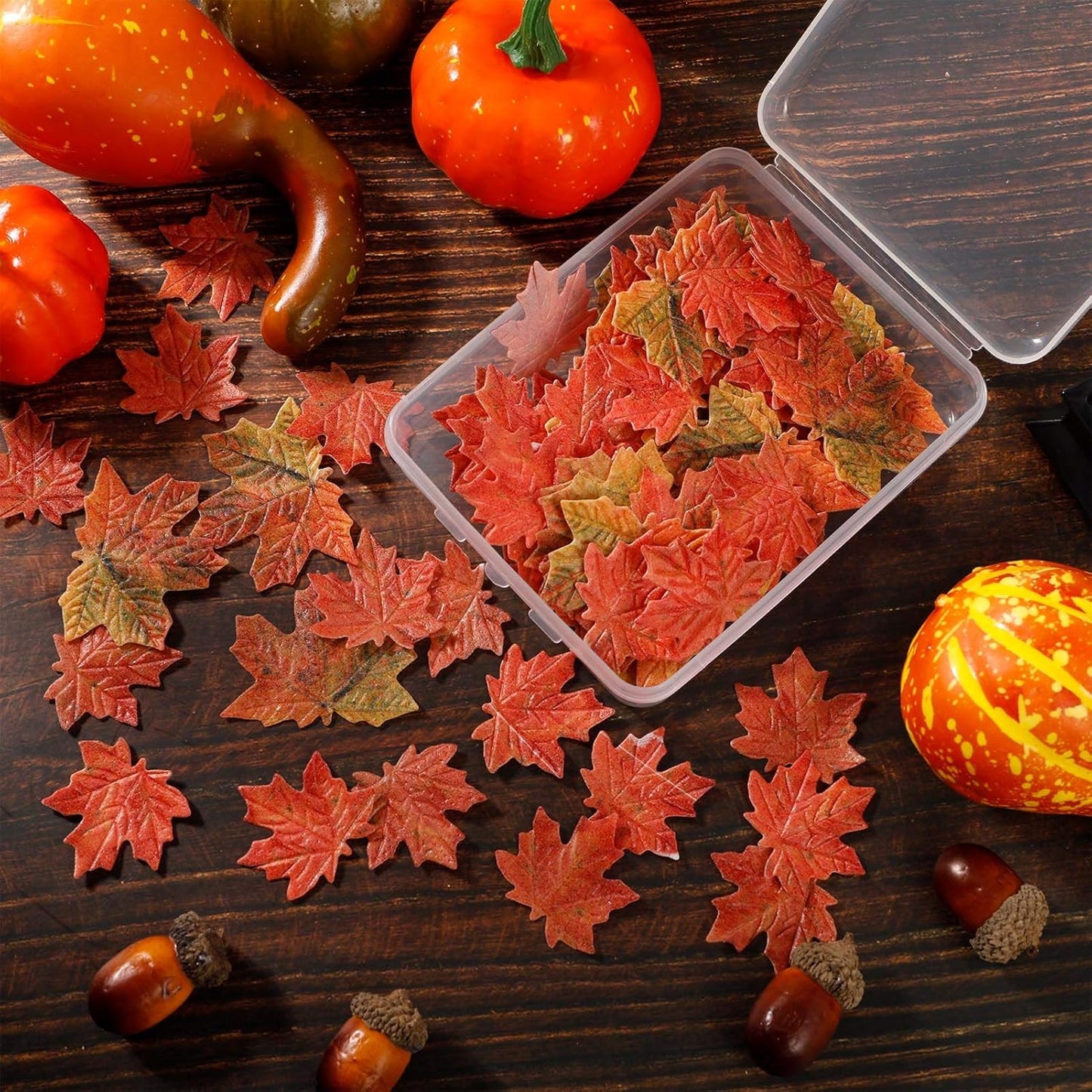 SUSSURRO 100 Pieces Edible Fall Leaves Gold Leaf Cupcake Toppers maple leaves Cake Toppers Edible gold leaf Cake Topper for Party Decoration with Plastic Box