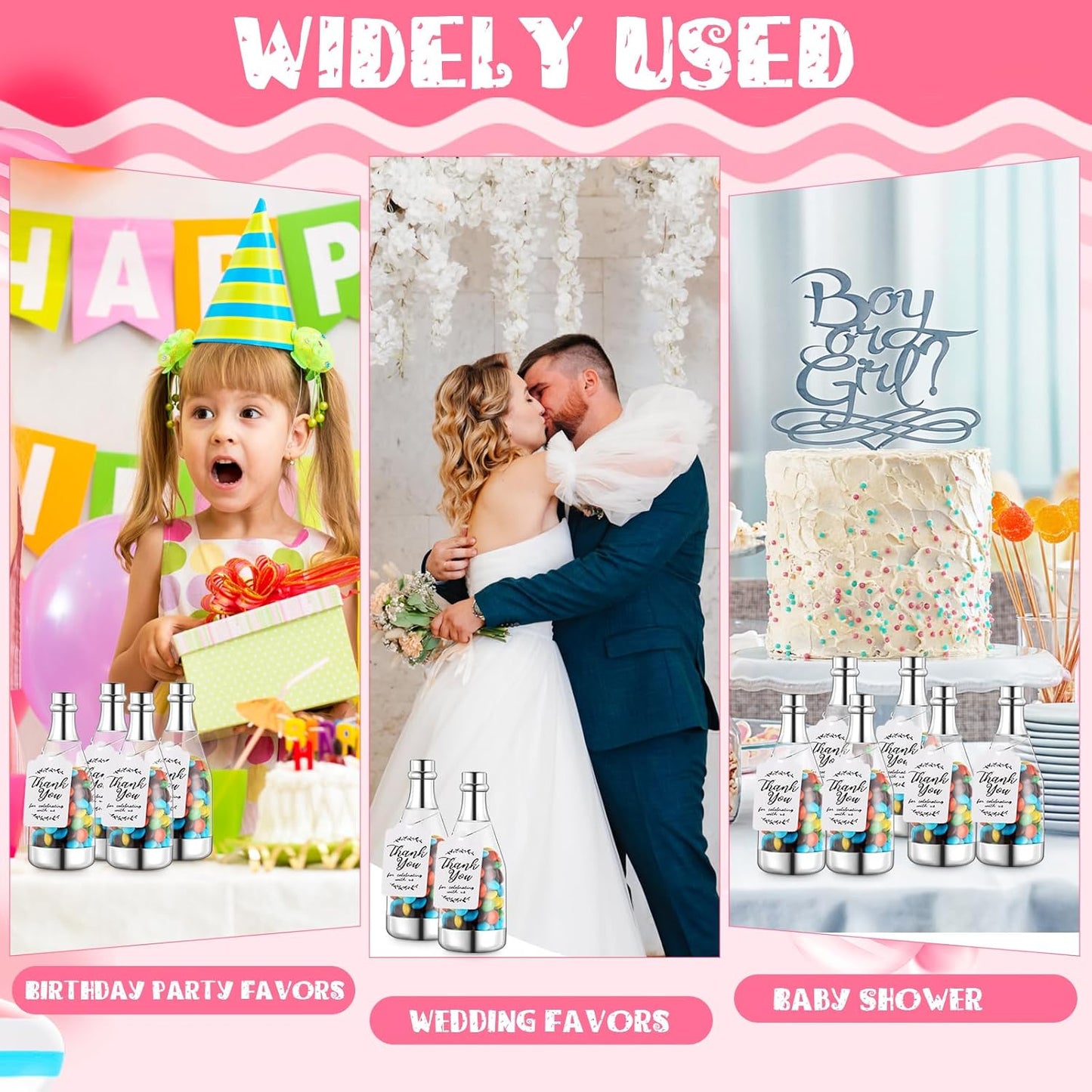 Gerrii 100 Pcs Silver Champagne Bottle Container Set, Mini Champagne Candy Bottles Plastic DIY Favor Candy Jars with Tags Party Favor Containers for Baby Shower Bridal Wedding Birthday Party