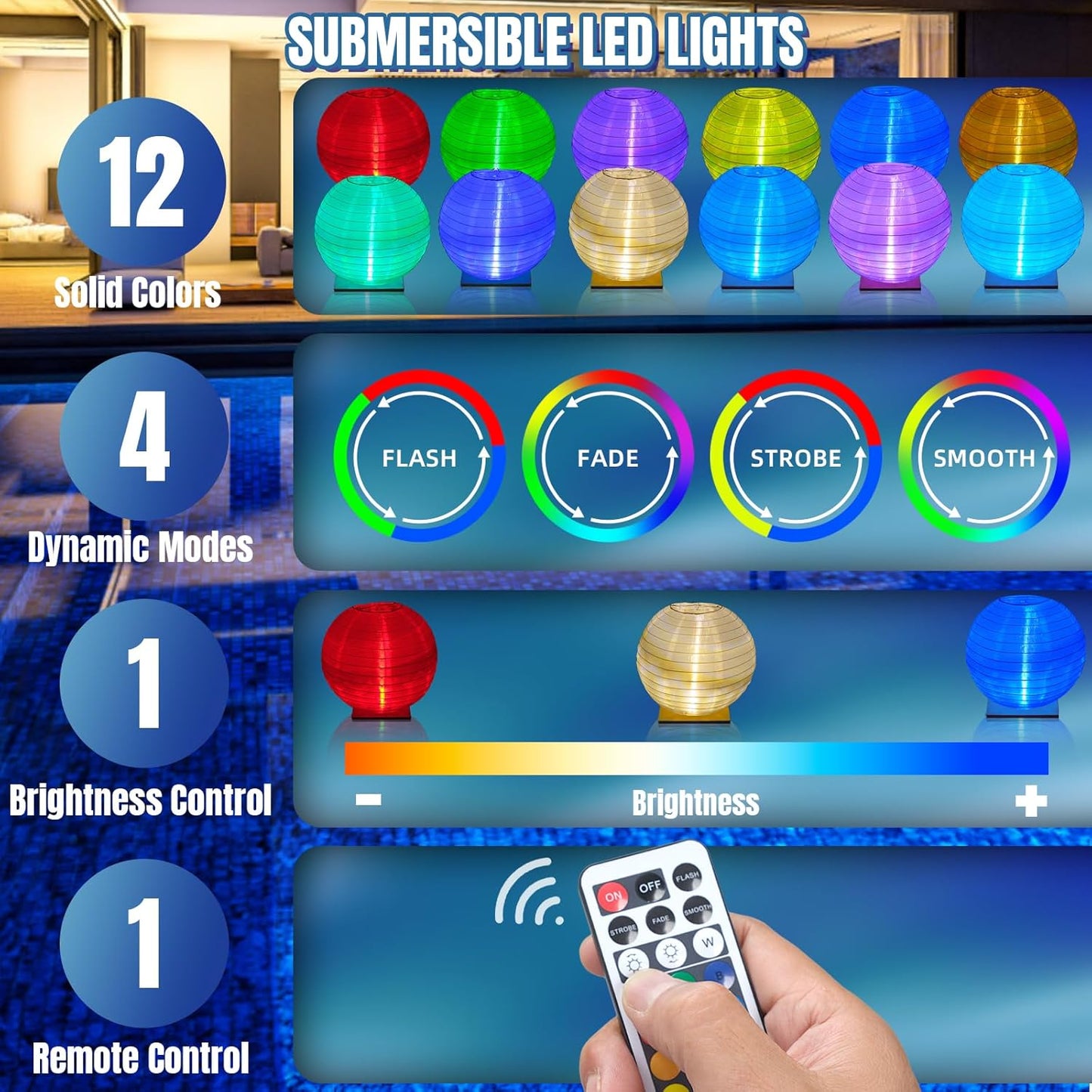 Floating Lanterns LED Pool Lights,IP68 Waterproof Pool Lights That Float ,13 Color Changes by Remote Control for Pool Decor,Outdoor Party,Wedding (4Pcs-14 inches)