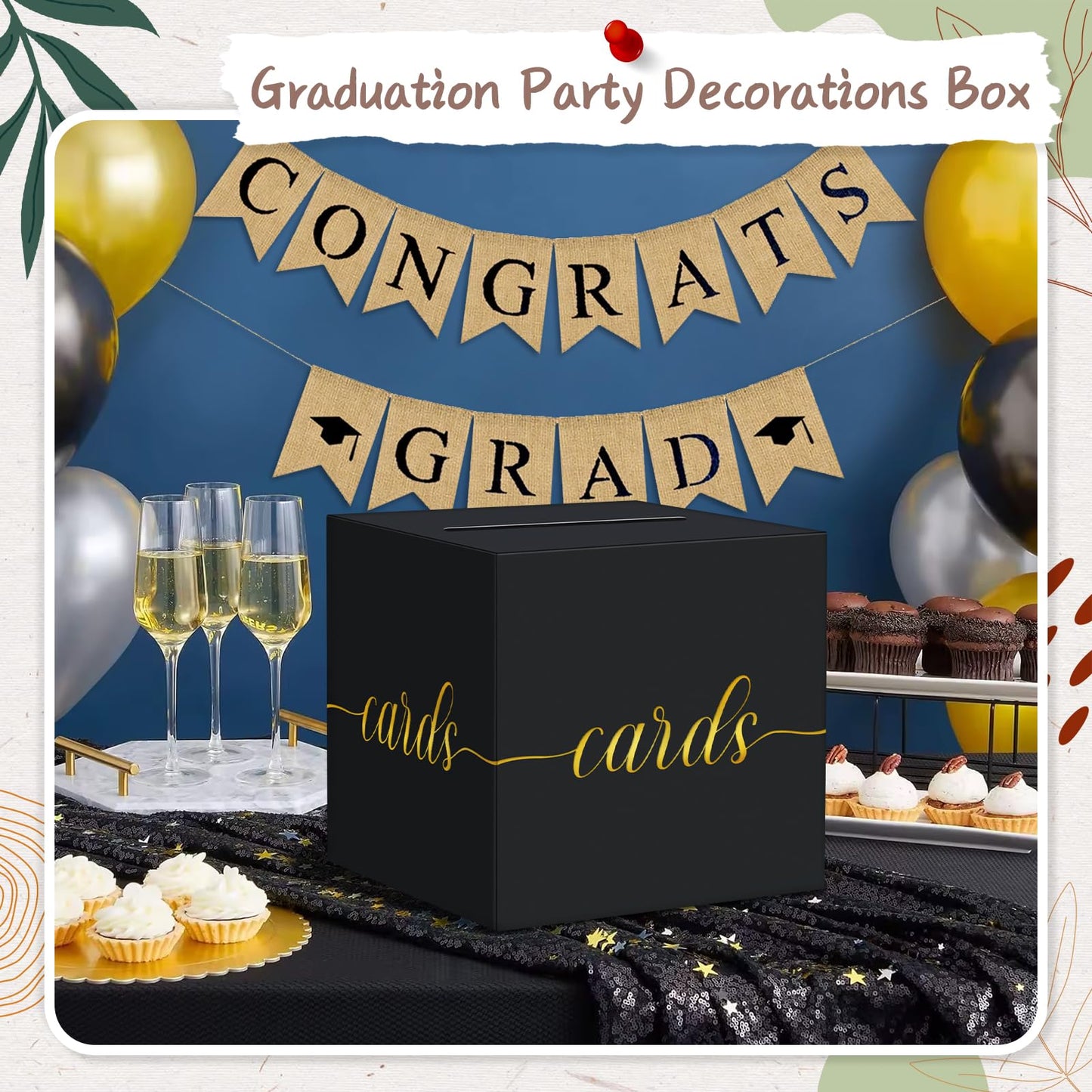 QIKSION Elegant Card Box for Party, Gold Foil Graduation Card Box, Black
