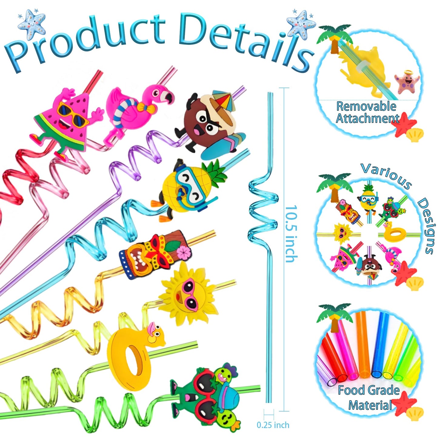 24 Reusable Hawaiian Drinking Straws for Summer Beach Pool Party Decoration