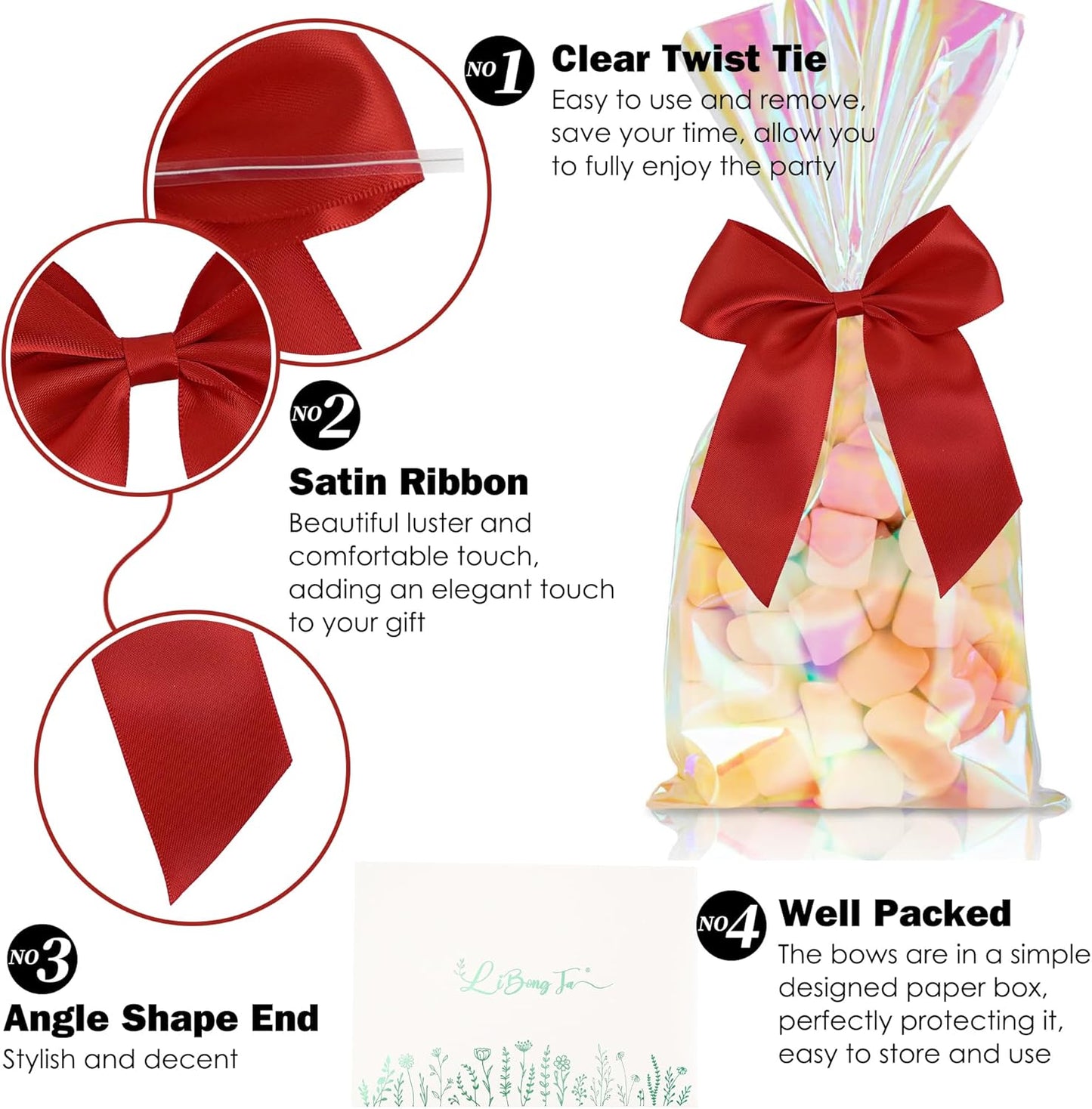 4.5" Satin Ribbon Red Bows for Gift Wrapping, Twist Tie Bows, Cute Bows for Crafts, Party Favors, Premade Bows Pre-Tied Decorative Bows for Flower Bouquets Candy Apple Bows-24 Counts