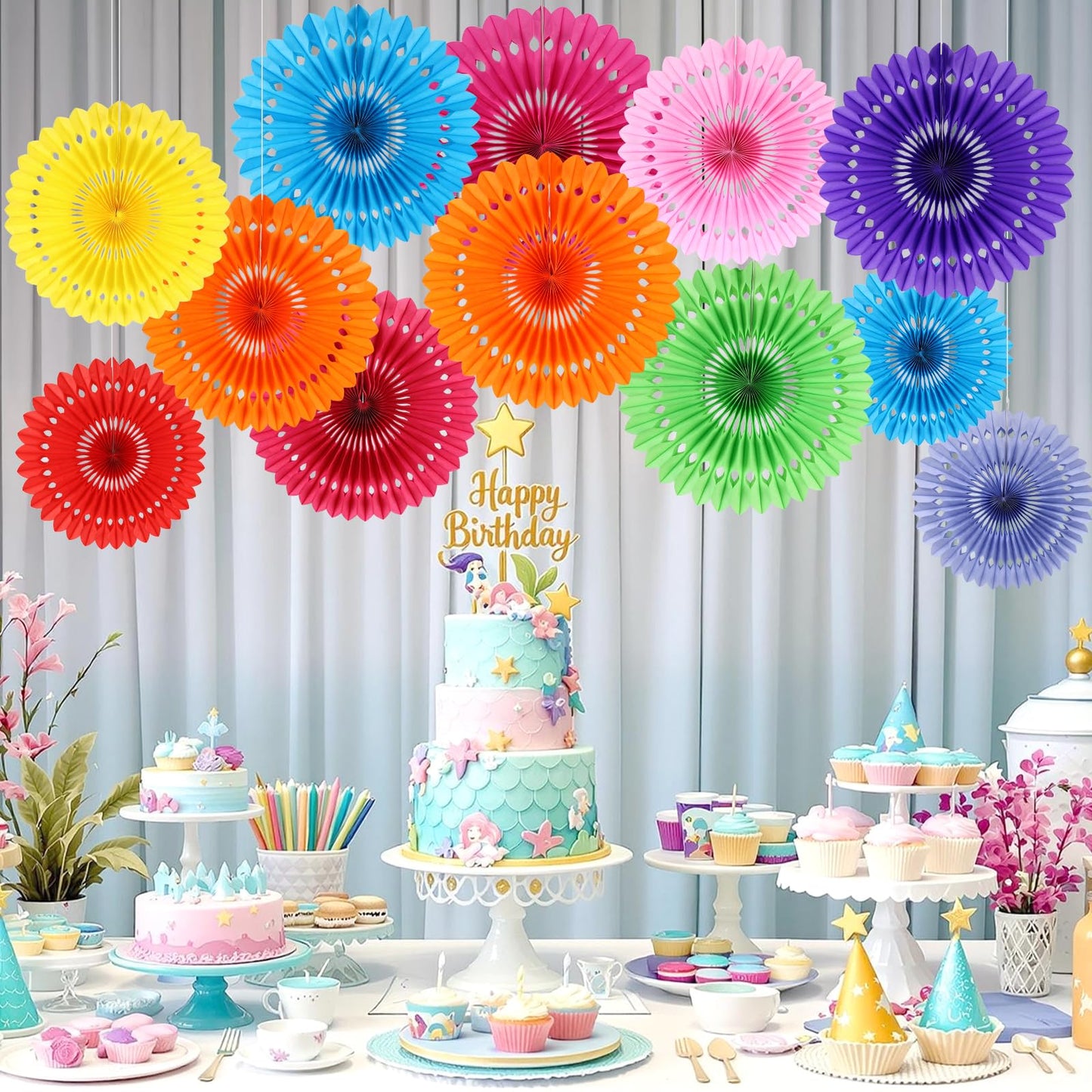 BestoFun 12PCS Paper Fans Mexican Party Decorations Colorful Paper Fans Tissue Paper Flowers