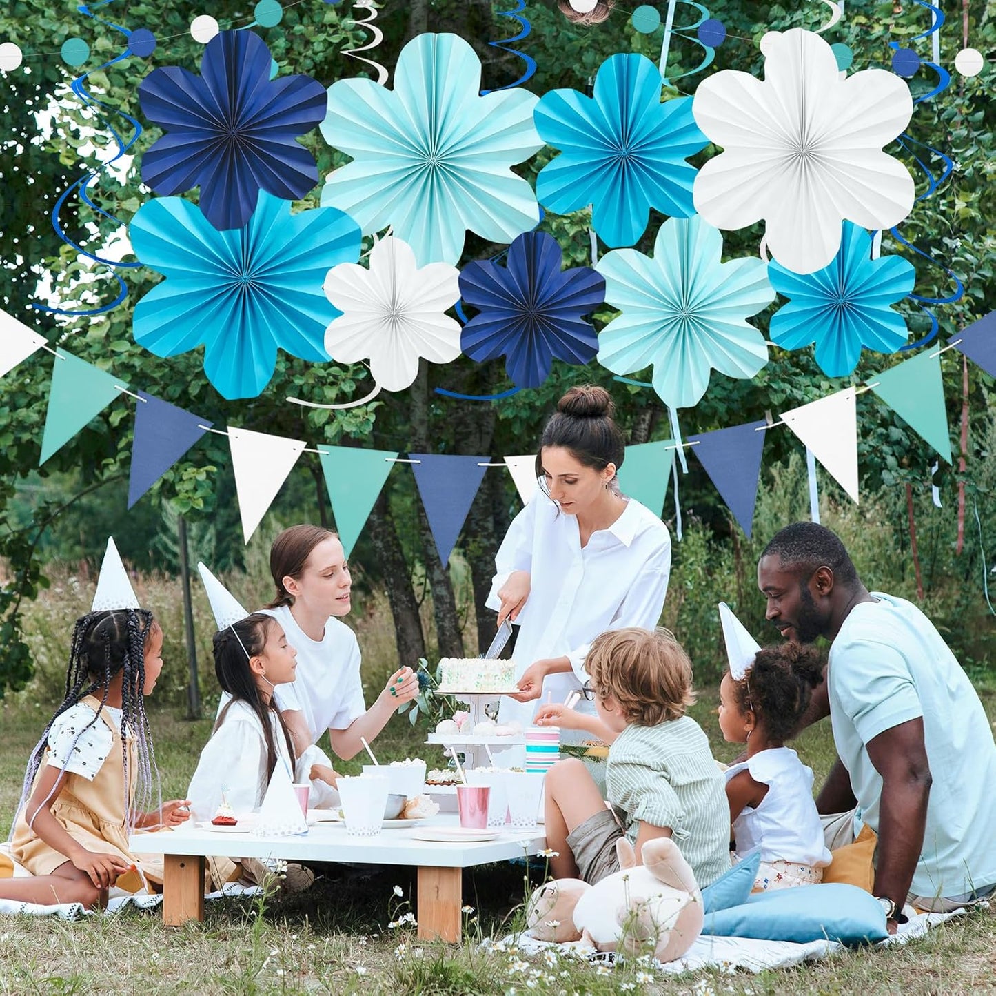 Navy Blue Party Decorations Set, 22 Pcs Hanging Paper Flowers, Tassel Garland & Swirls for Weddings, Bridal Showers, Baby Showers, Birthday, Classroom Decor, Backdrop Supplies