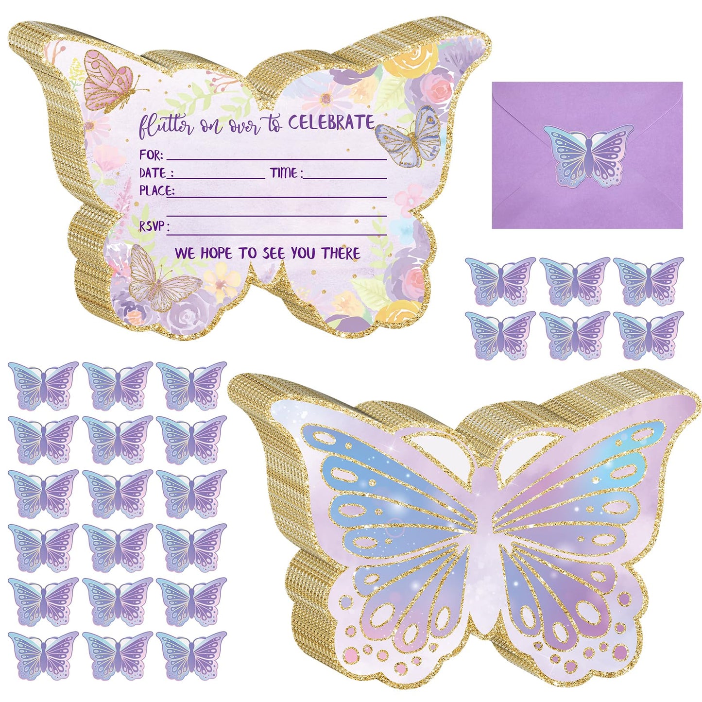 Hotop 24Sets Butterfly Birthday Invitation with Envelope & Sticker for Girl