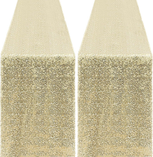 2 Packs 12 x 72 inches Sequin Table Runner, Champagne Glitter Table Runner for Birthday Party Supplies Wedding Engagement Baby Shower Holiday Celebration Event Decorations