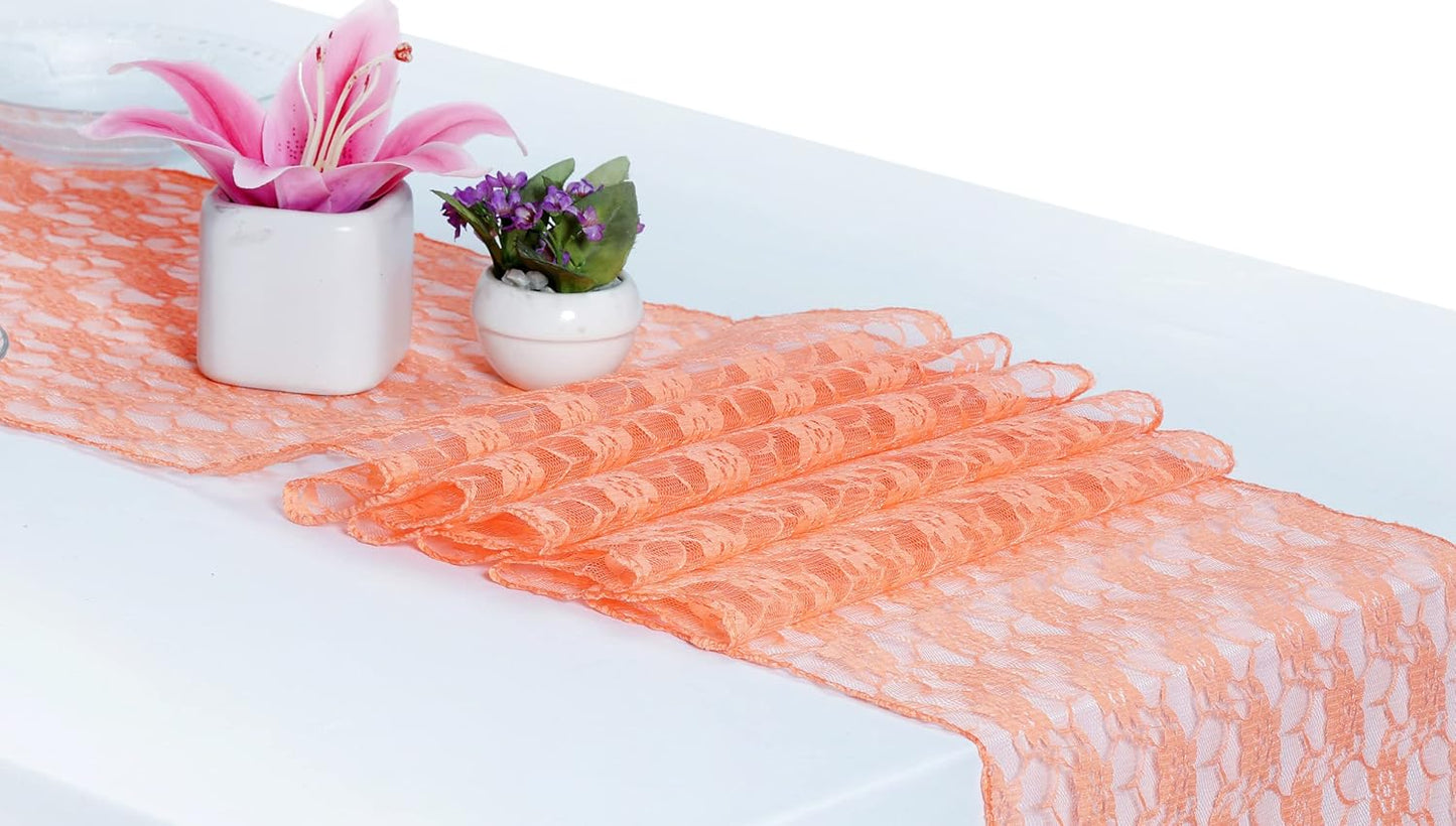 MDS Pack of 15 Wedding 12 x 108 inches Lace Table Runner for Wedding, Decorations for Birthday Parties, Banquets, Graduations, Engagements, and Runners fit Rectangle, Round Table- Peach
