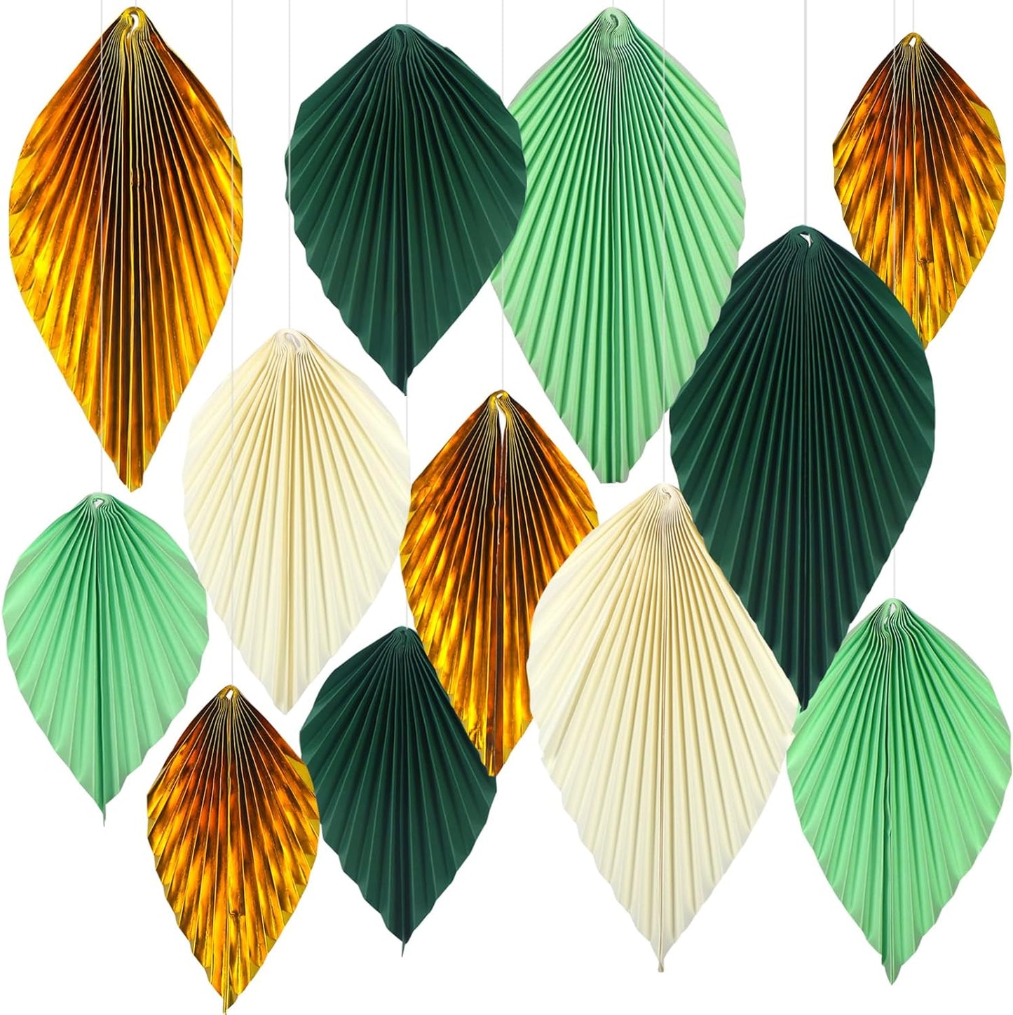 ADLKGG Green Gold Hanging Paper Leaves Wall Backdrop Decor, Paper Palm Leaves Fan Party Decorations for Forest Birthday Party Tropical Jungle Theme Classroom Decor, 12pcs