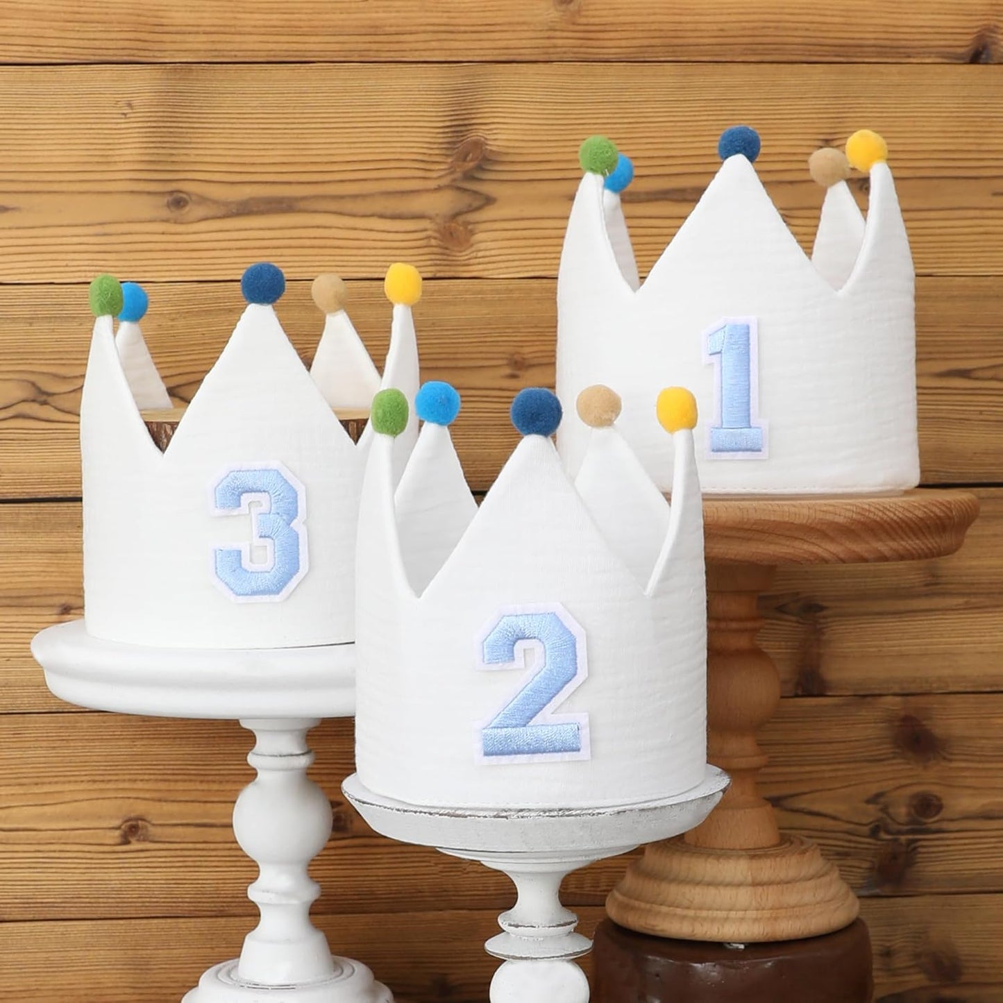 Muslin Crown Hat 1-3 Birthday For Baby Boy Girl Party Decoration Blue Pink Headband