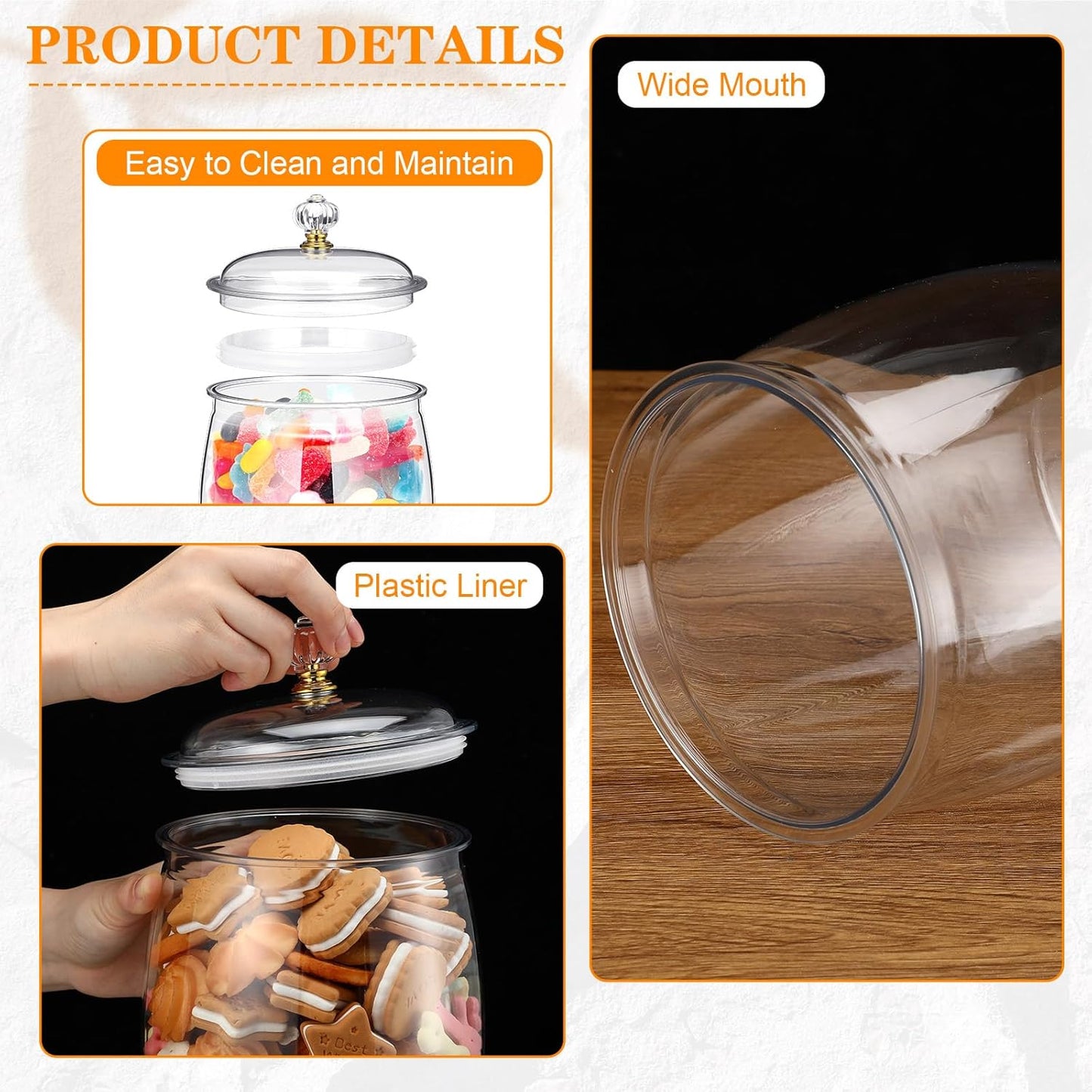 Nuogo 4 Pcs Plastic Candy and Cookie Jars with Lids Clear Cookie Container Candy Jars Large Airtight Apothecary Storage Organization for Wedding Home Kitchen Bar(42 oz)