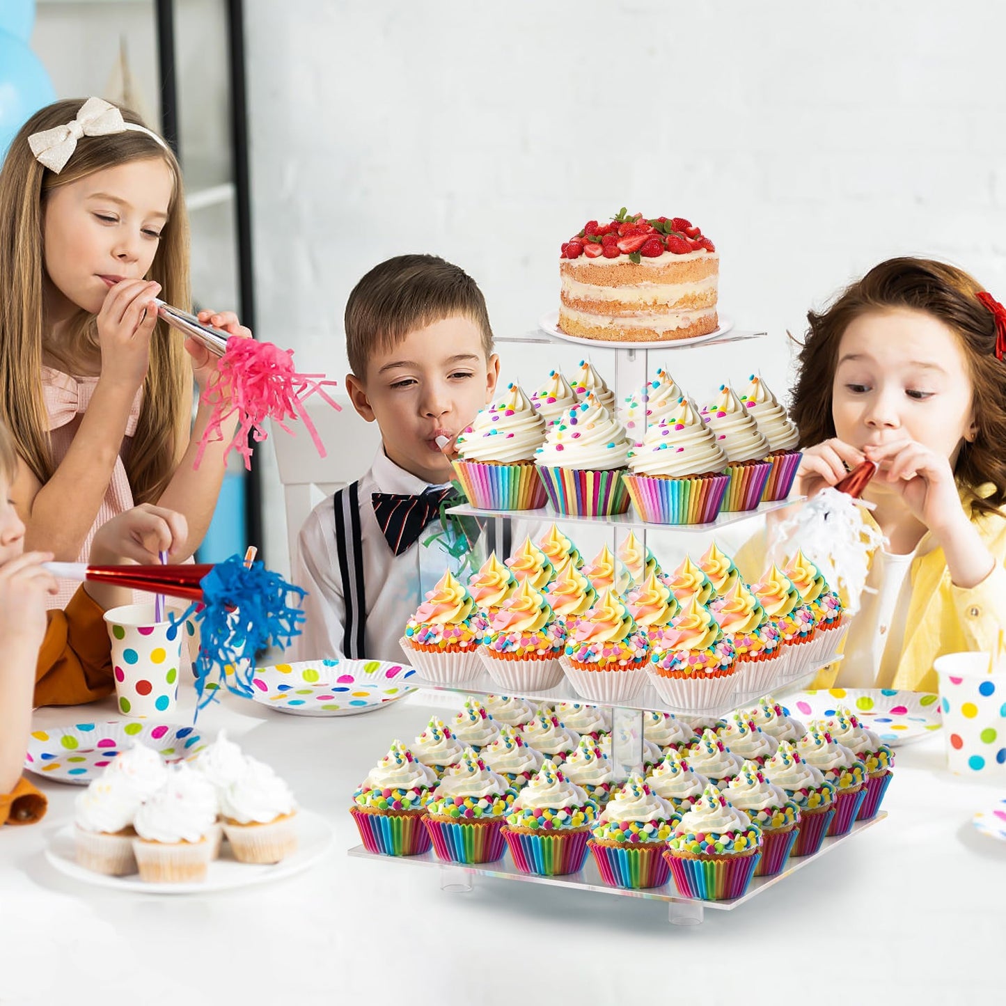 LoveDisplay Cupcake Stand, 4 Tier Cupcake Stand for 50 Cupcakes, Square Tiered Cupcake Tower, Clear