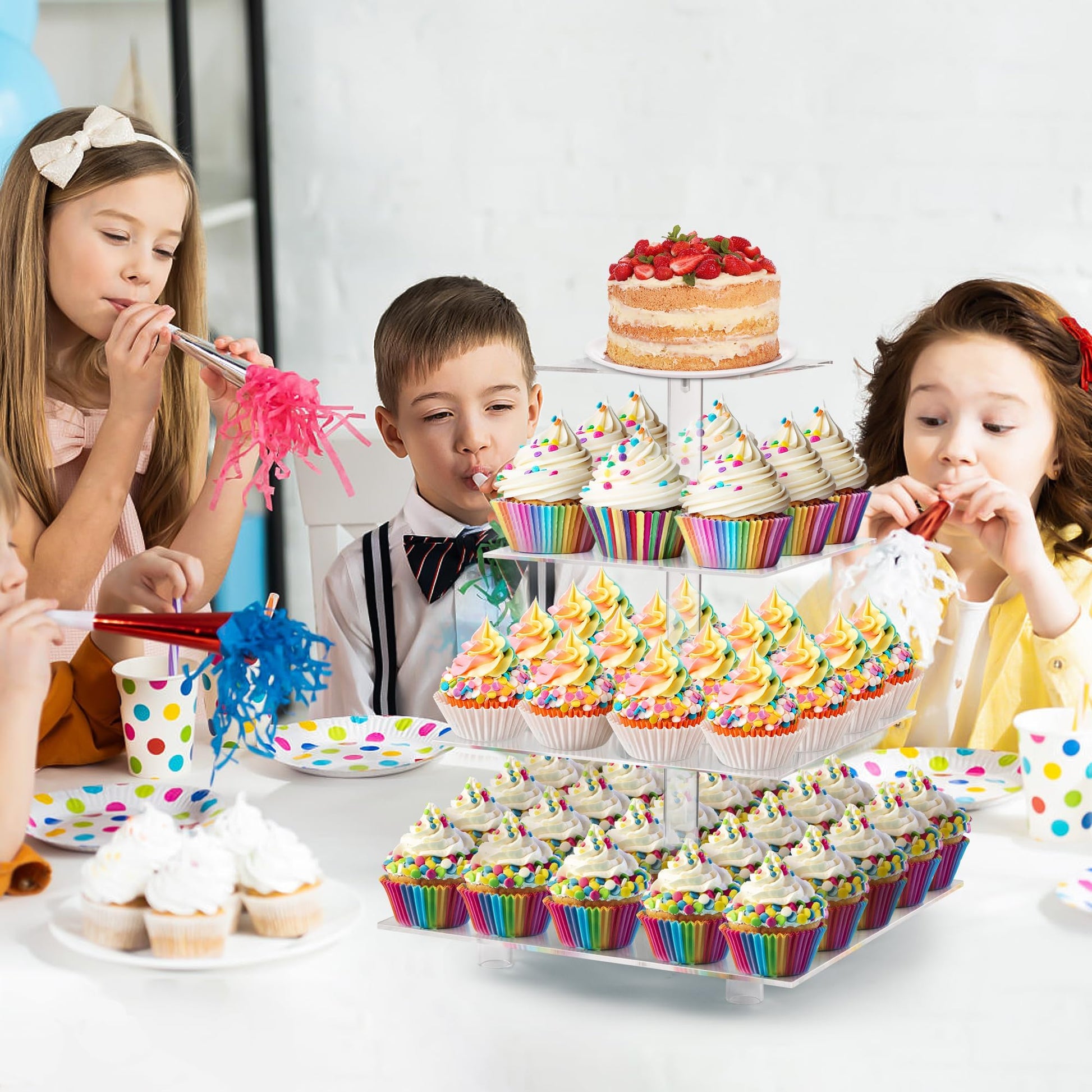 LoveDisplay Cupcake Stand, 4 Tier Cupcake Stand for 50 Cupcakes, Square Tiered Cupcake Tower, Clear