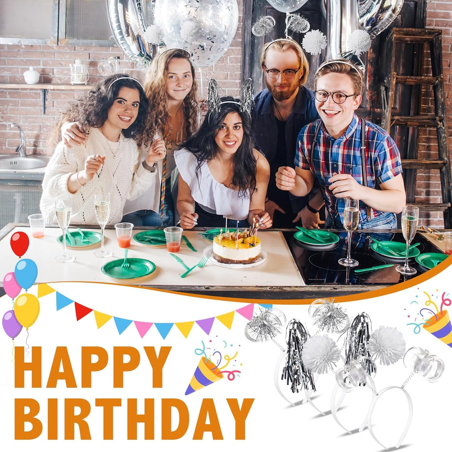 Censen 12 Pcs Halloween Pom Pom Party Headbands Tinsel Ponytails Spirit Head Bopper Headwear for Christmas Birthday Holiday