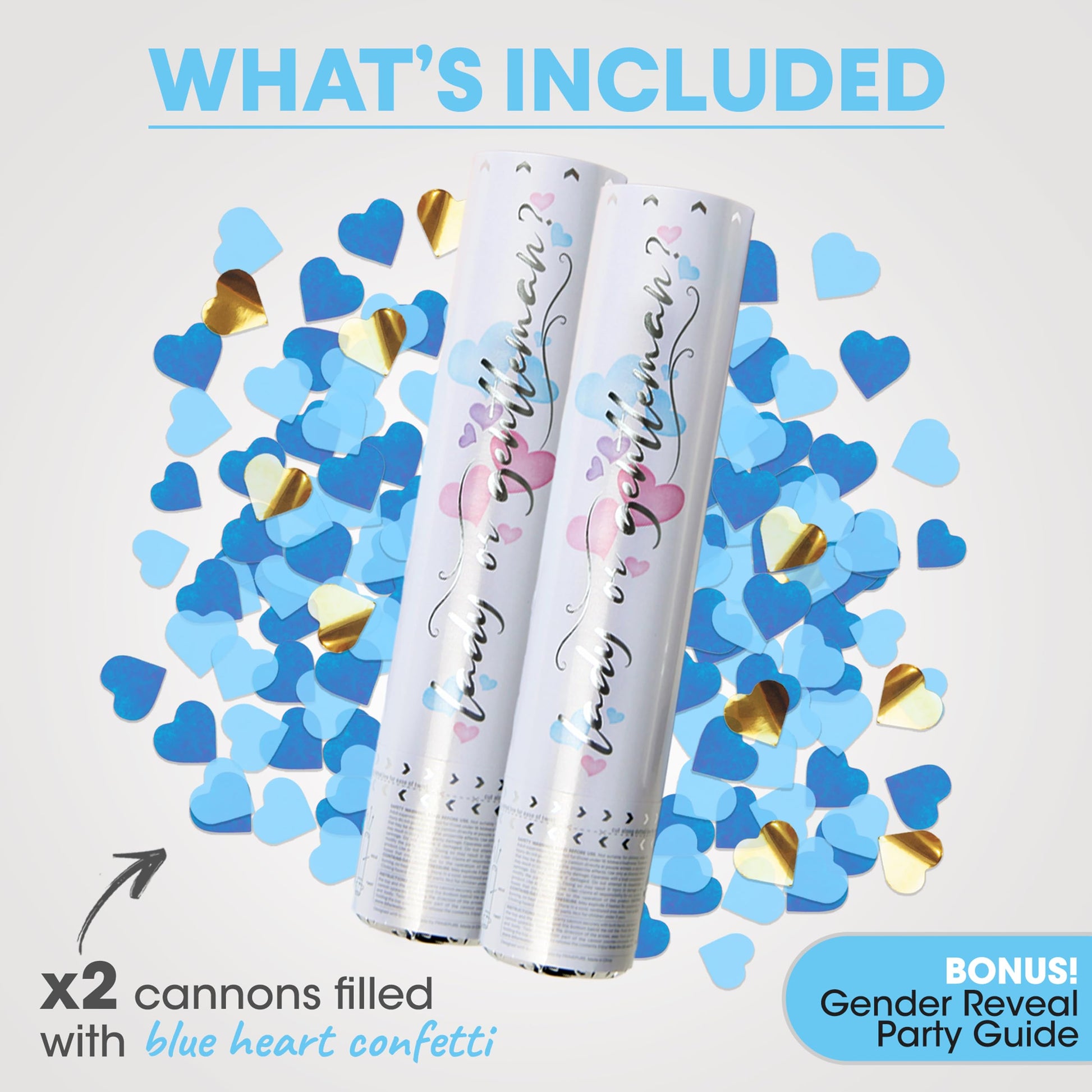 PrimePure Gender Reveal Confetti Cannon, Heart Shaped, Blue Paper, 2 Pack