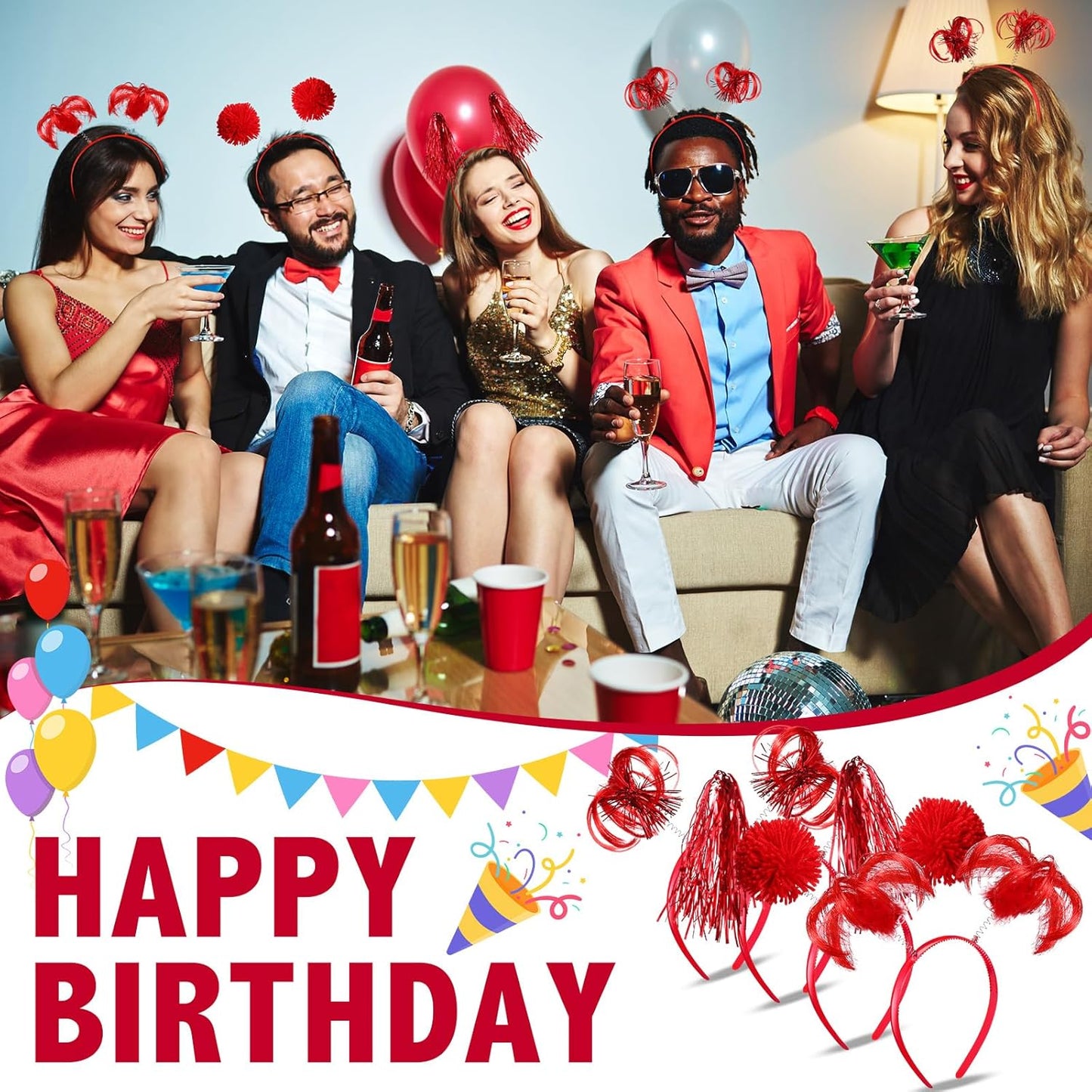 Censen 12 Pcs Halloween Pom Pom Party Headbands Tinsel Ponytails Spirit Head Bopper Headwear for Christmas Birthday Holiday