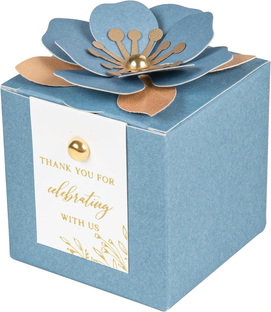 FEIYI 20 PCS Favor Boxes, 3 In 1 Dusty Blue Candy Boxes with Floral Decor, White Thank You Tags Gold Foil Print Gift wrapping for Wedding, Baby Shower, Birthday, Decorations Party - 2.55x2.55x2.55
