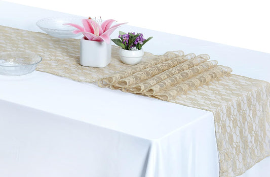 MDS Pack of 20 Wedding 12 x 108 inches Lace Table Runner for Wedding, Decorations for Birthday Parties, Banquets, Graduations, Engagements, and Runners fit Rectangle, Round Table- Champagne Gold