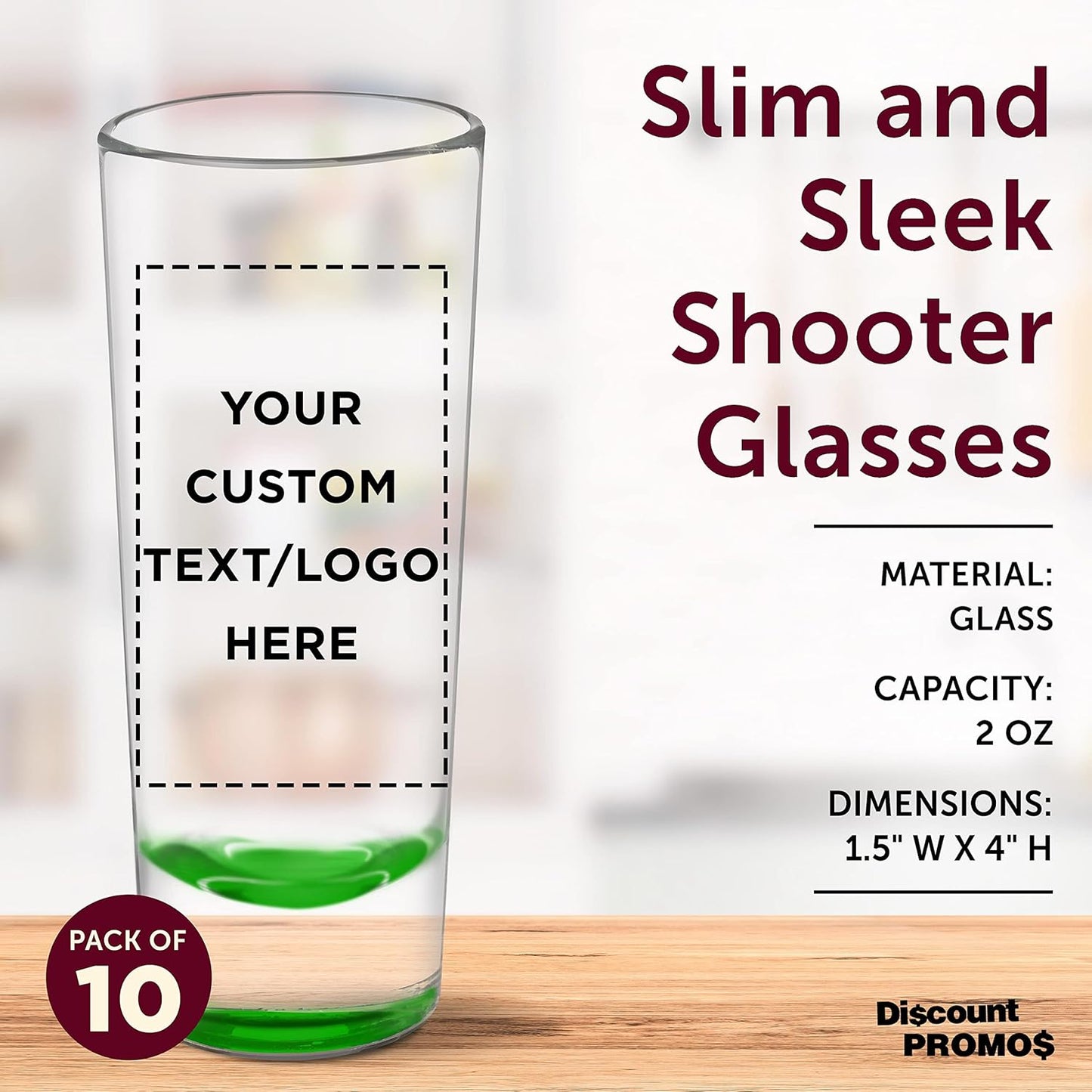 Custom Cordial Shooter Shot Glasses 2 oz. Set of 10, Personalized Bulk Pack - Great for Birthdays, Parties, Indoor & Outdoor Events - Green