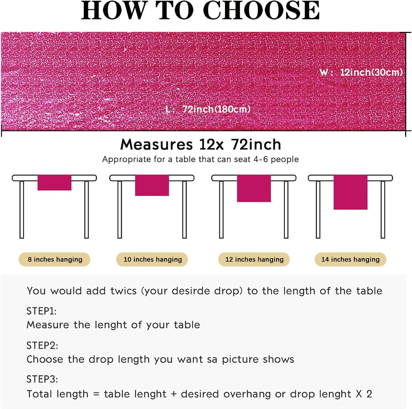 10 Packs 12 x 72 inches Sequin Table Runner, Hot Pink Glitter Table Runner for Birthday Party Supplies Wedding Engagement Baby Shower Holiday Celebration Event Decorations