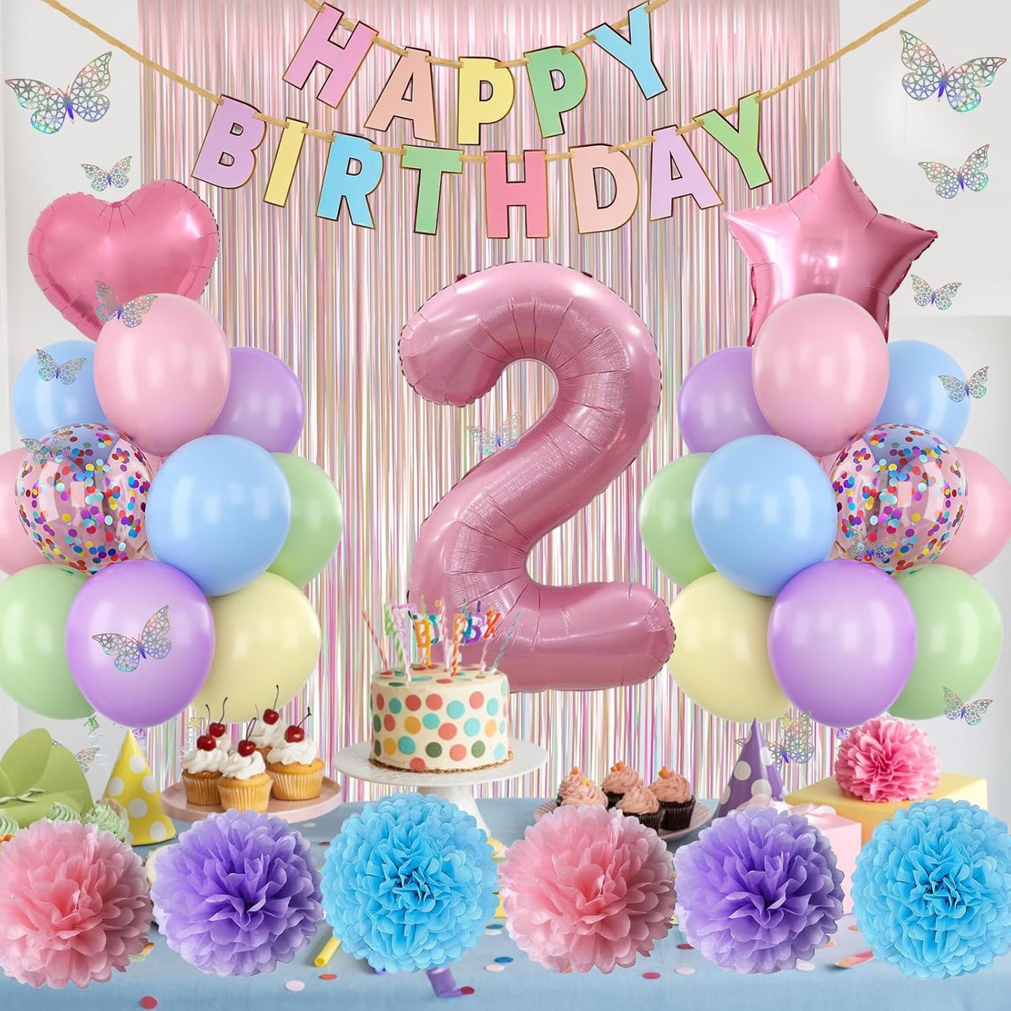 Pastel 2nd Birthday Party Decorations for Girls Number 2 Balloon Happy Birthday Banner Butterfly Stickers Fringe Curtain Paper Pom Poms Macaron Pink Star Foil Colorful Balloons Baby 2 Year Old Decor