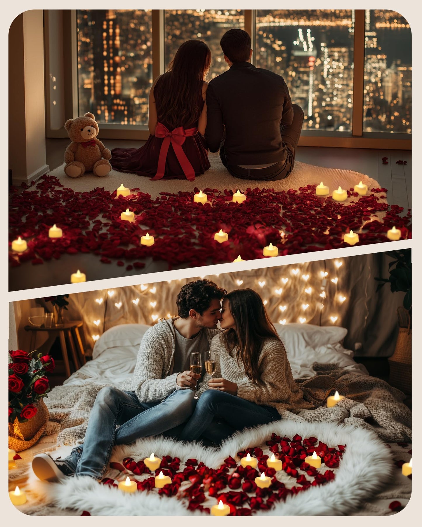 Amagic 1000 Pieces Artificial Rose Petals with 12 Heart LED Tea Lights Candles Kit, Rose Petals and