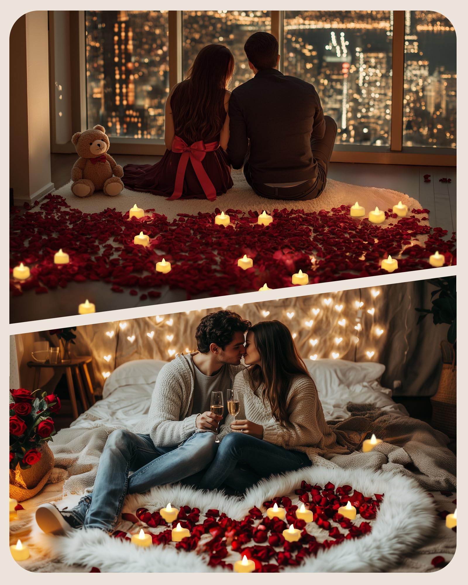 Amagic 1000 Pieces Artificial Rose Petals with 12 Heart LED Tea Lights Candles Kit, Rose Petals and