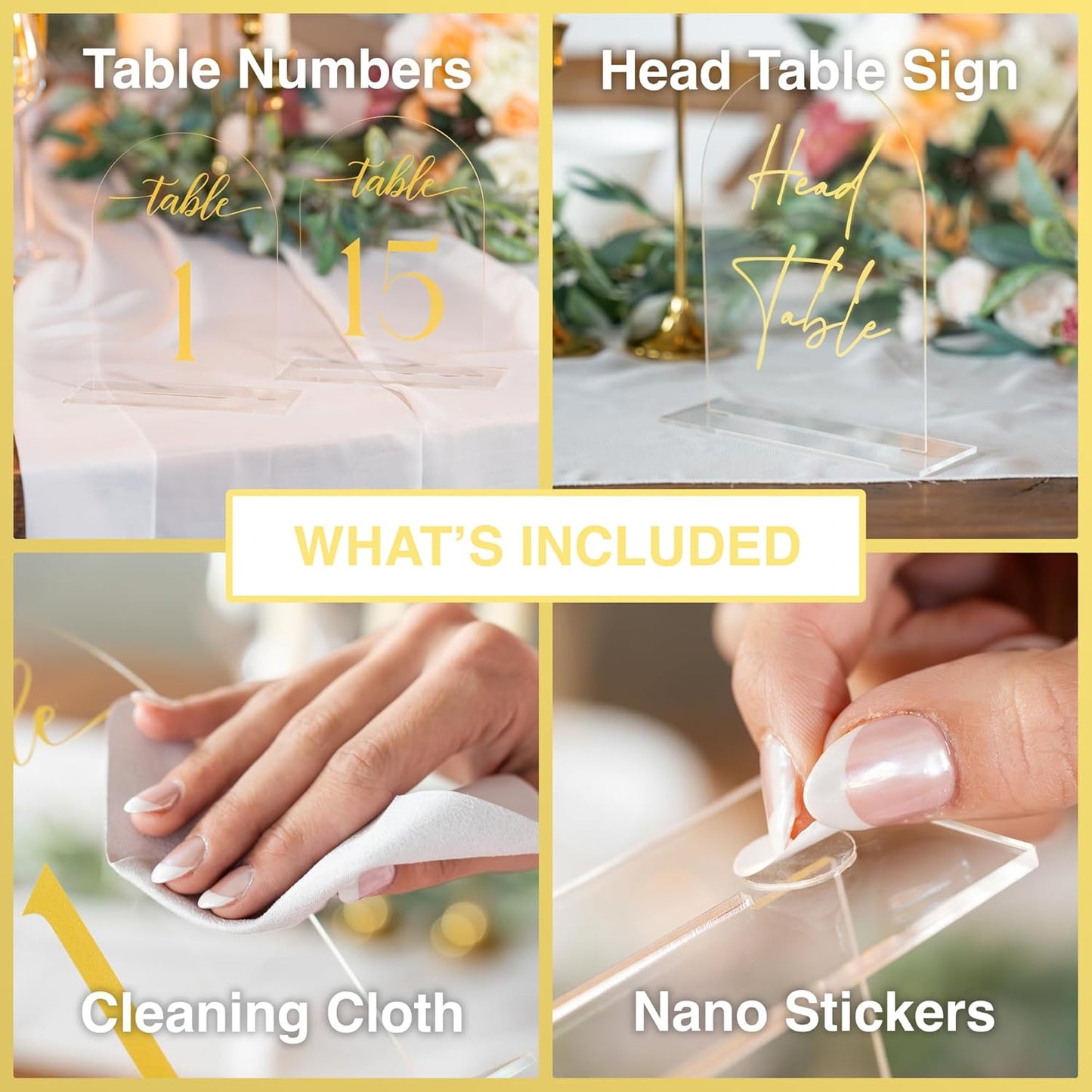 Clear Arch Acrylic Table Numbers for Wedding Reception - 5" x 7" Gold Font Centerpiece Set with Holder Stands & Head Table Sign - Anniversary, Event, Party, Wedding 1-15