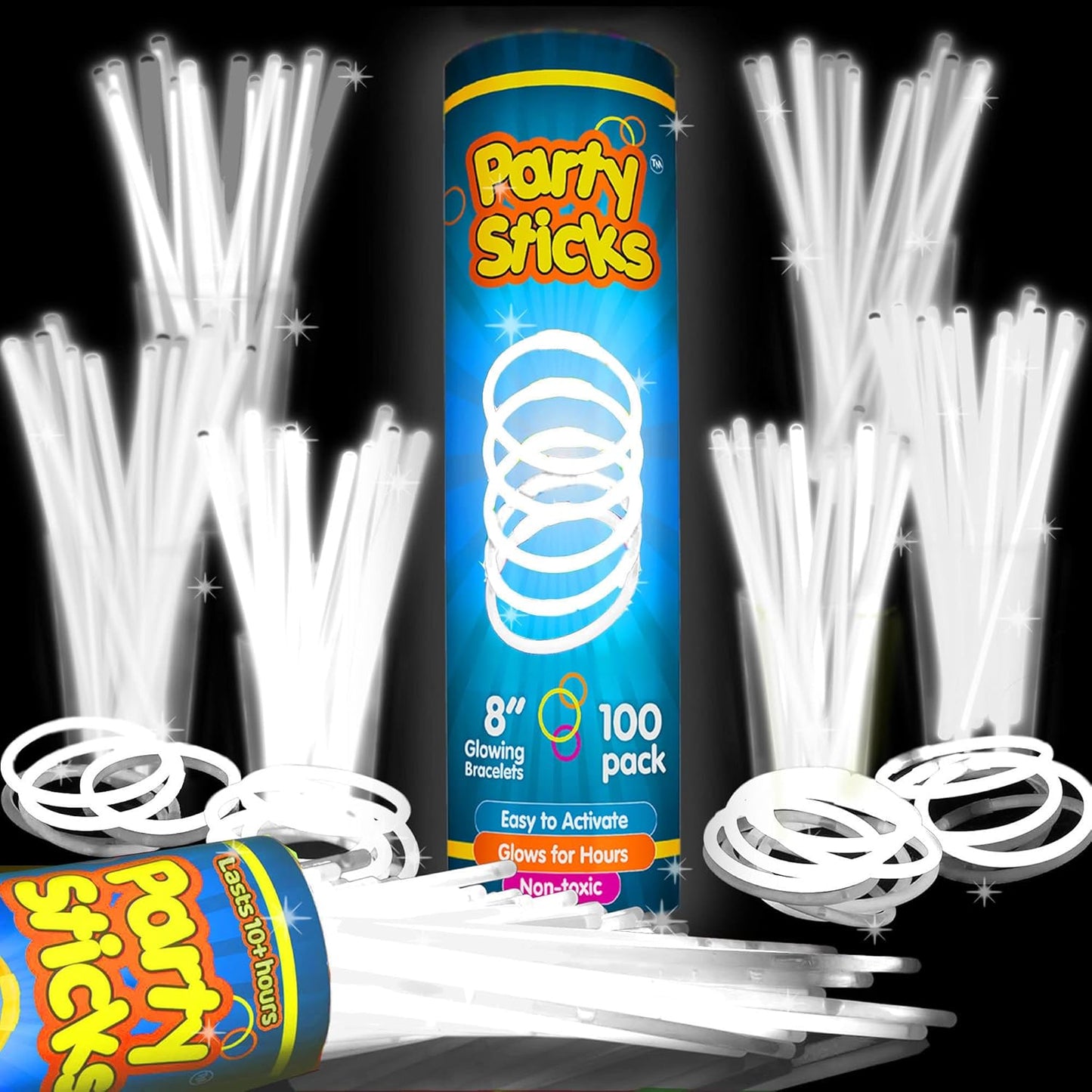 PartySticks Glow Sticks Party Supplies 100pk - 8 Inch Glow in The Dark Light Up Sticks Party Favors, Glow Party Decorations, Neon Party Glow Necklaces Glow Bracelets Connectors (White) (TN-1224962)