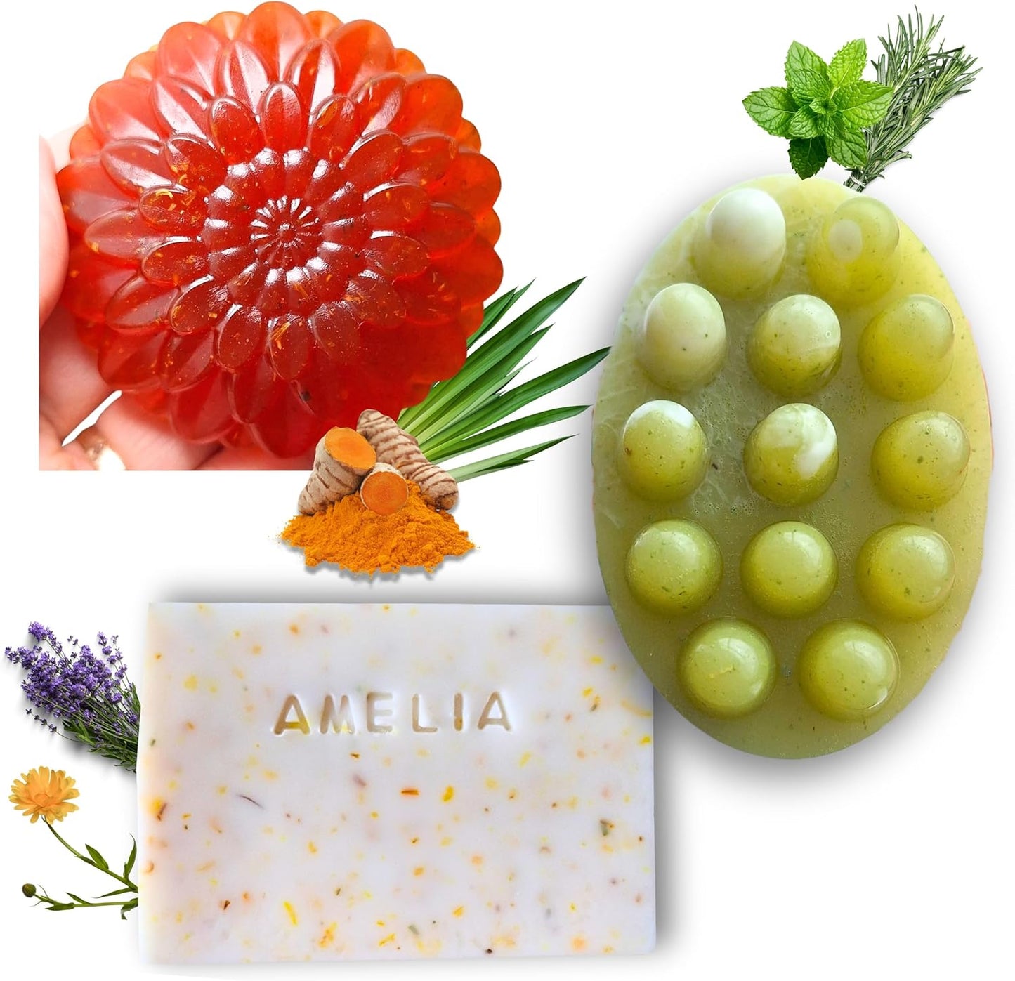 Handmade Natural Soap Bars Set – Organic Body and Face Wash, Bath & Shower Gift Favors for Women, Men and Baby – Assorted Handcrafted Small Soap Bars, Turmeric and Calendula