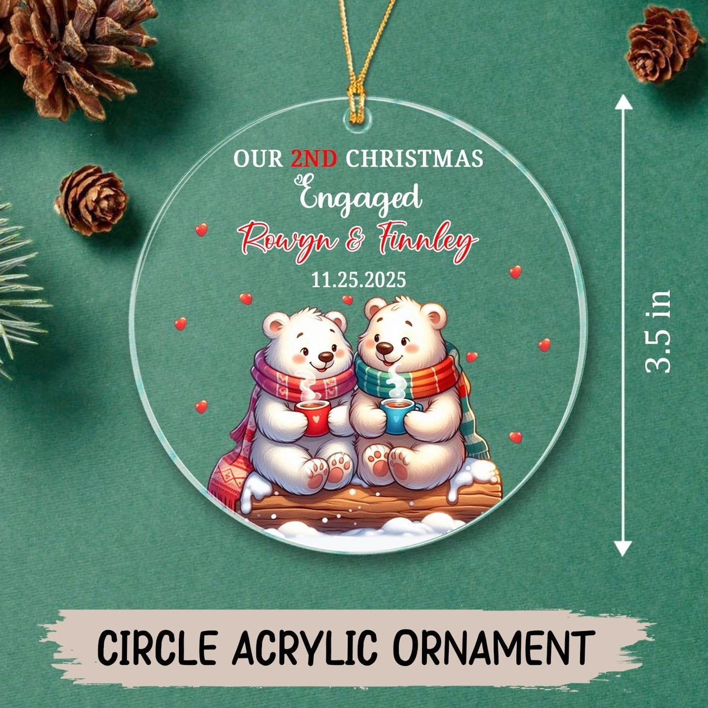 Customized Our 2ND Christmas Engaged Ornaments, Couple Polar Bear Together Ornament Gift for Engagement Anniversary, Personalized Date Name Mr & Mrs Engaged Christmas Ornament Gift for Friends Bestie