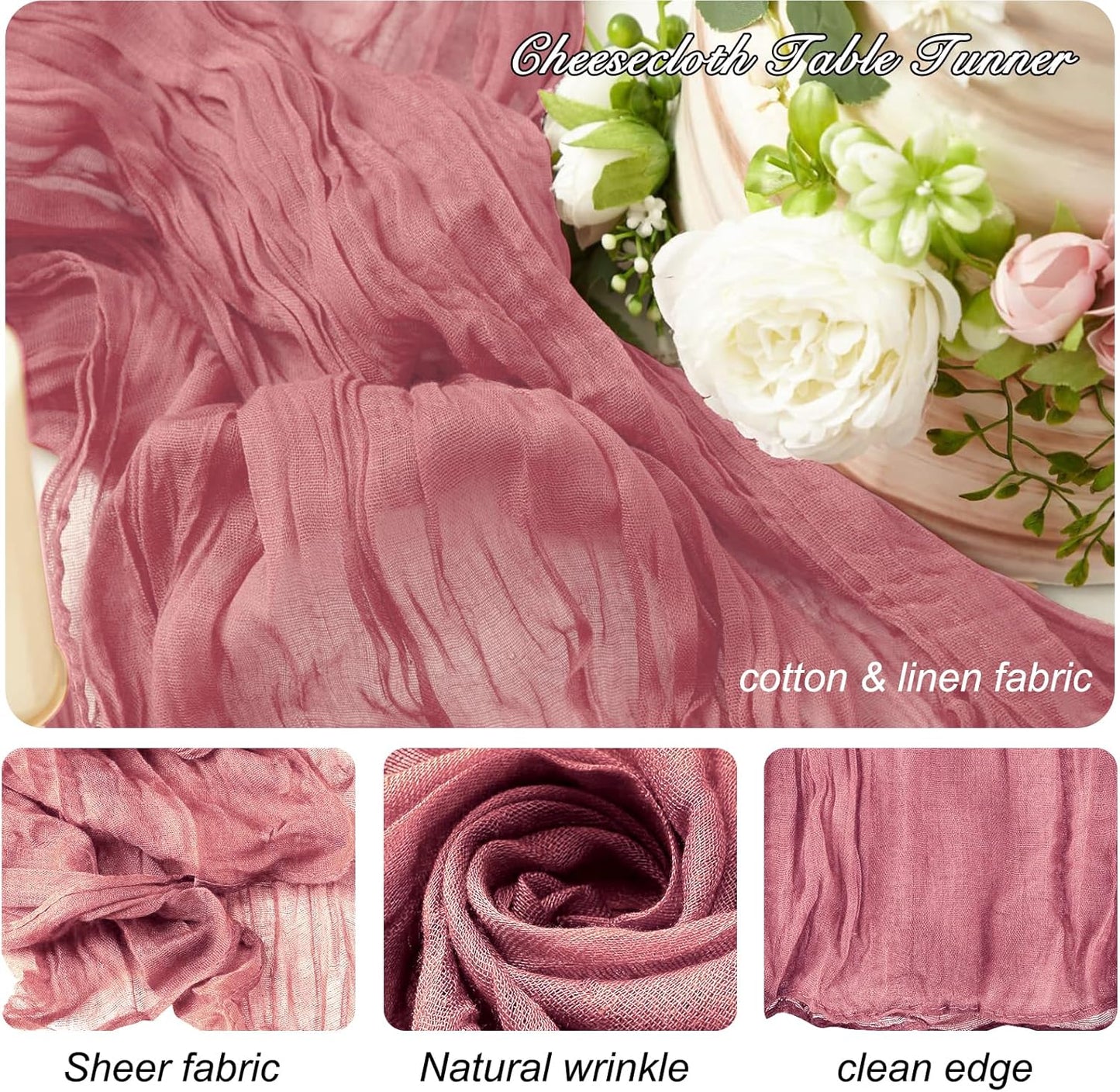 8 Pack 10Ft Table Runner 35x120 inch Dusty Rose Boho Gauze Table Cheese Cloth Long Wrinkled Sheer Table Runner for Wedding Bridal Shower Birthday Party Table Decor