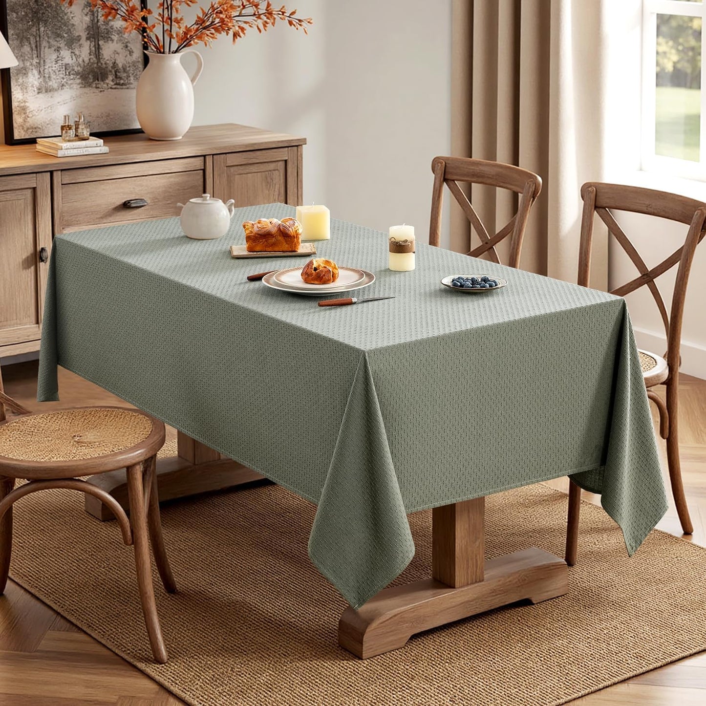 MIULEE Olive Green Linen Cottton Table Cloth Rectangle Tablecloth Waterproof Spillproof Cross-Star Textured Table Cltoth Decorative Farmhouse Style for Dining Party Weddings 60x120 Inch
