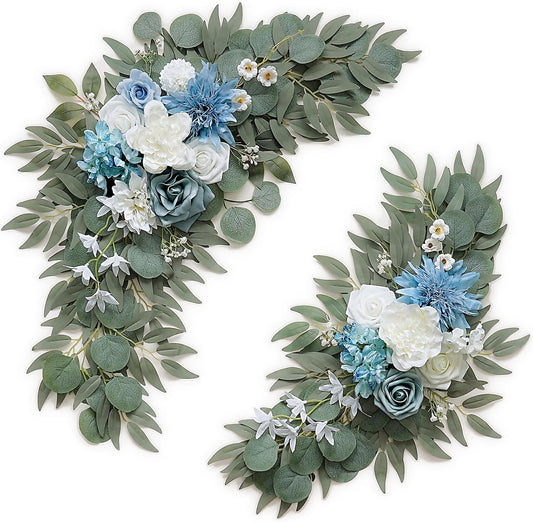Artificial Flower Swag Set of 2 for Wedding Welcome Signs Floral Decorations, Blue Wedding Arch Flowers for Wedding Ceremony (Blue & Ivory)