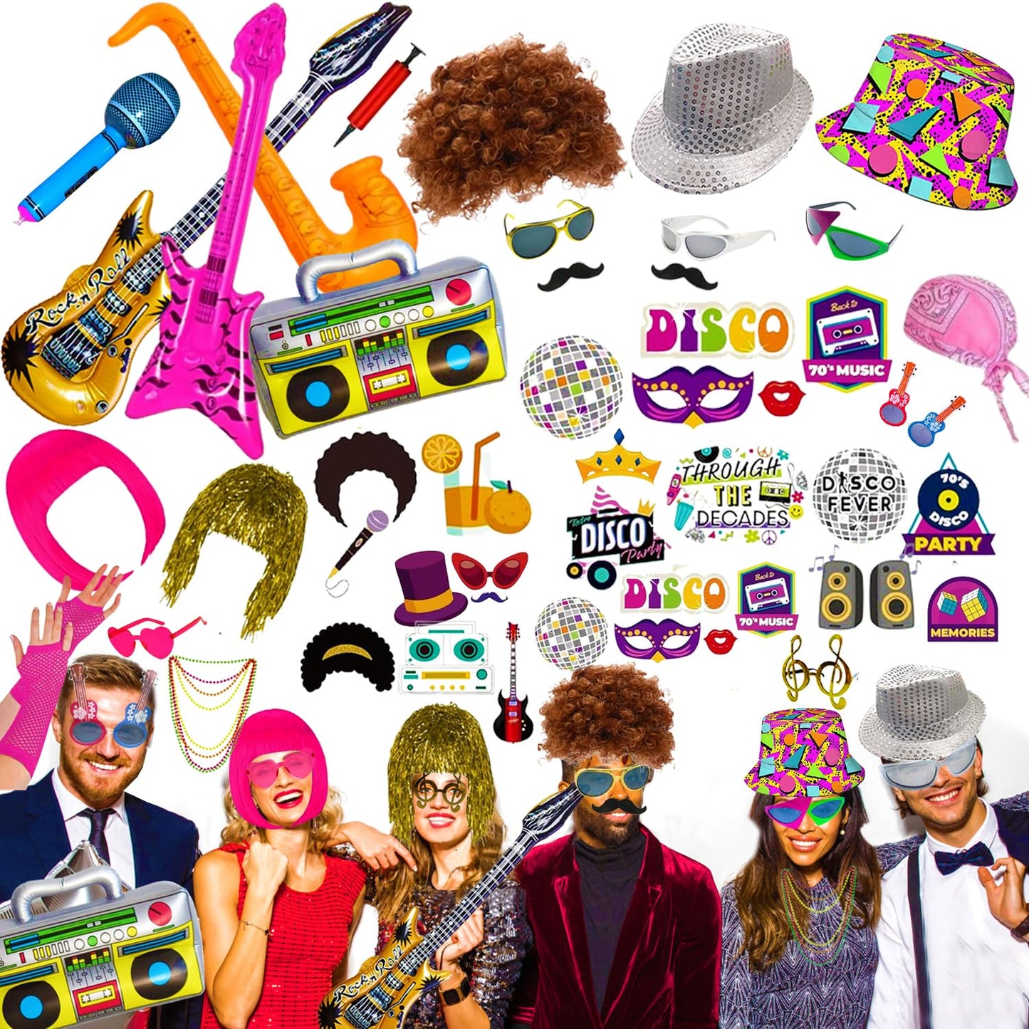 50 Pcs Rock Party Photo Booth Props Set for Adults, Funny Rock Star Party Sunglasses, Hats, Wigs